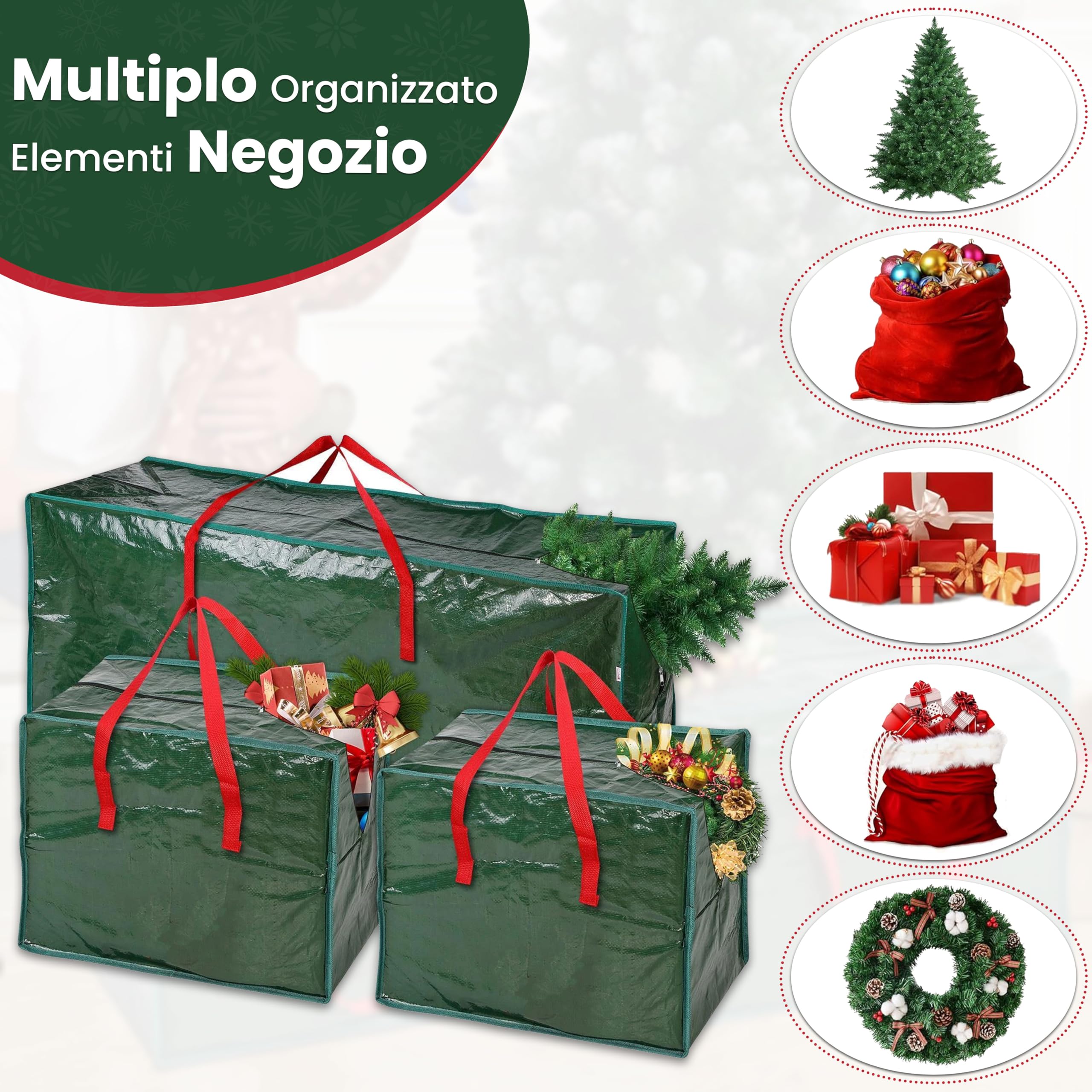 Borsa portaoggetti per alberi di Natale – Adatta ad alberi artificiali fino a 7,5 piedi – Set da 3 pezzi con 2 borse decorative – Maniglie rinforzate resistenti e cerniera