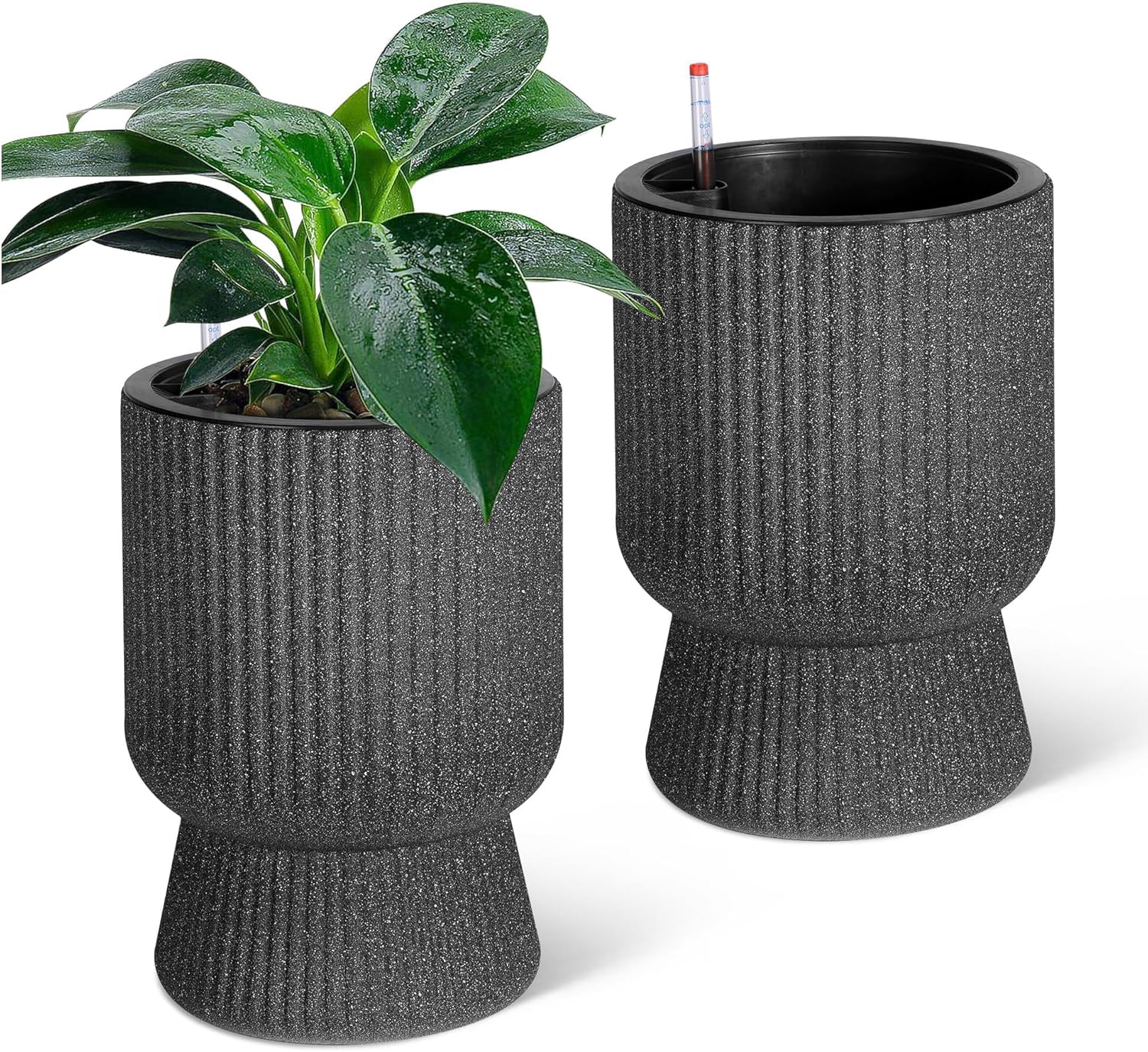 14.2" Tall Planters Set of 2, Indoor Self-Watering Plant Pots, Outdoor Flower Pots with Built-in Drainage and Water Level Monitor for Patio, Porch, Home Garden, Living Room, Marble Black