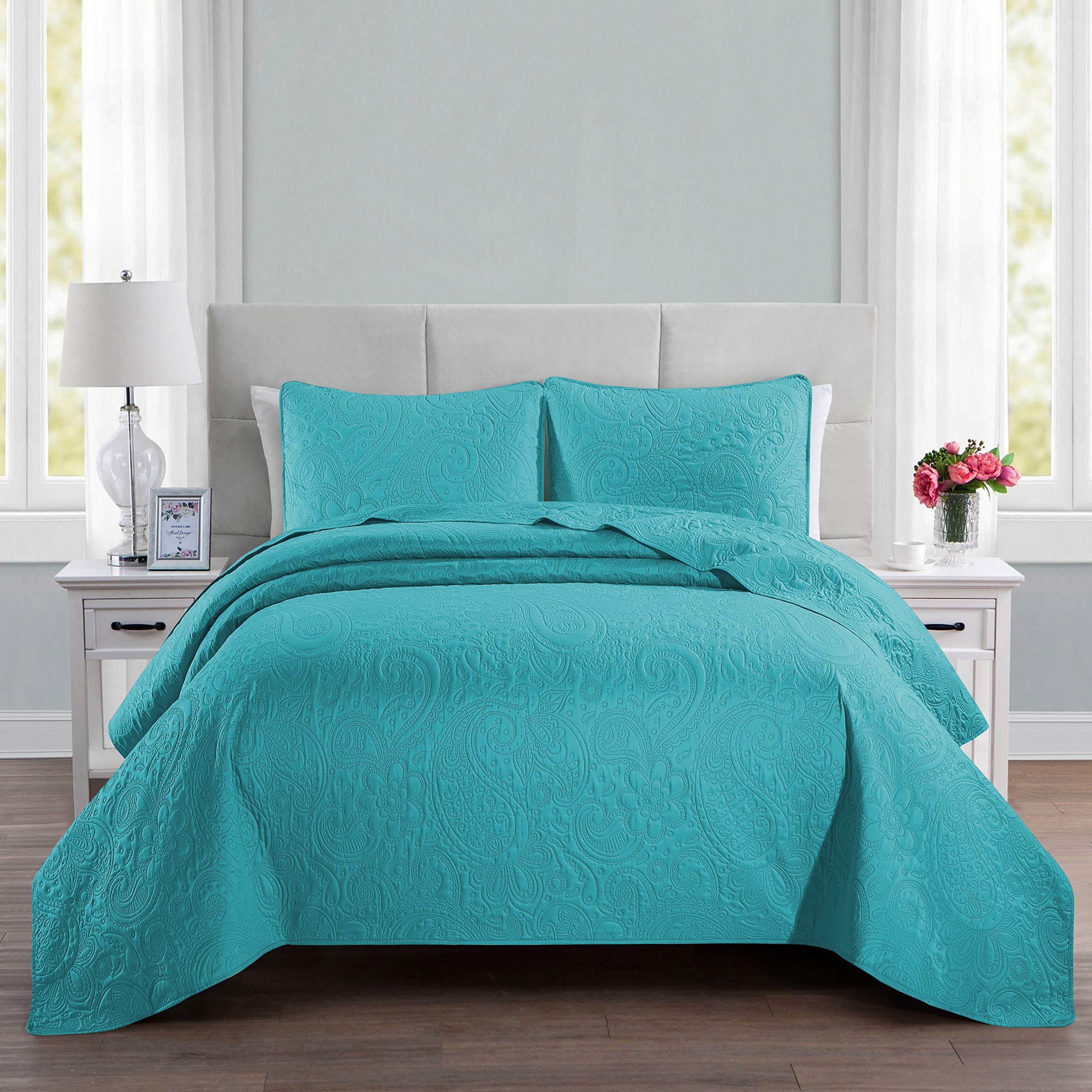 ALPHA HOME 3-Piece Bed Quilt Lightweight Bedspread Set King Size 106" x 96", 1 Embossing Bedspread, 2 Pillow case 20" x 26", Machine Washable Bed Quilt Comforter Bedding Set Duvet Cover, Teal