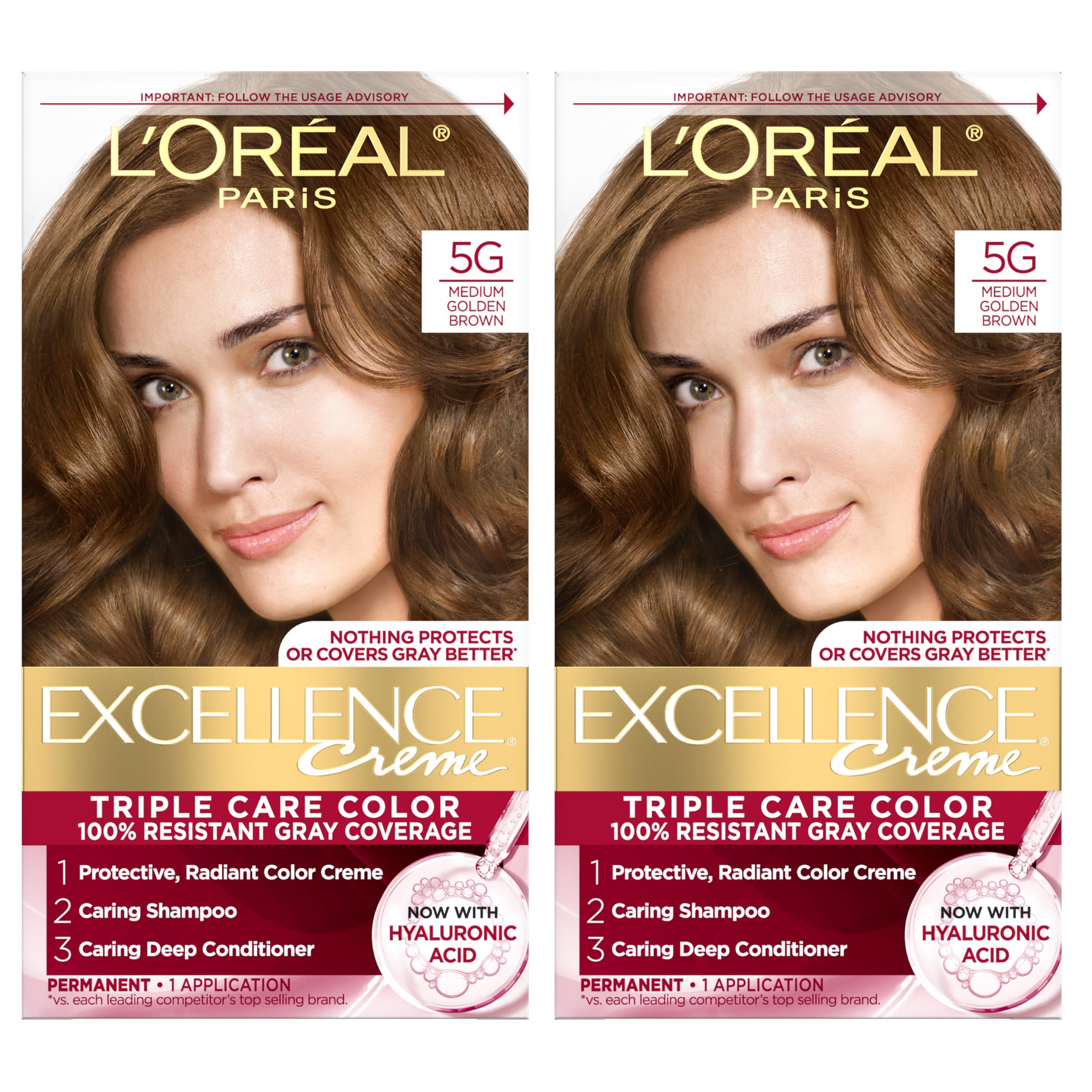 L'Oreal Paris Excellence Crème Permanent Hair Dye, Triple Care Hair Color with Pro-Keratine Complex for 100% Gray Hair Coverage, 5G Medium Golden Brown, 1 Kit (Pack of 2)