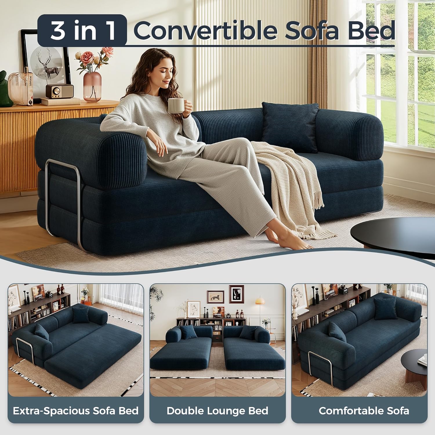 MAKIAAP 78.5'' Convertible Folding Sofa Bed – 4-in-1 Modular Floor Couch, Corduroy Small Cloud Couch, Compressed Foldable Sleeper Sofa, King Size Futon for Bedroom, Guest Room (Blue)