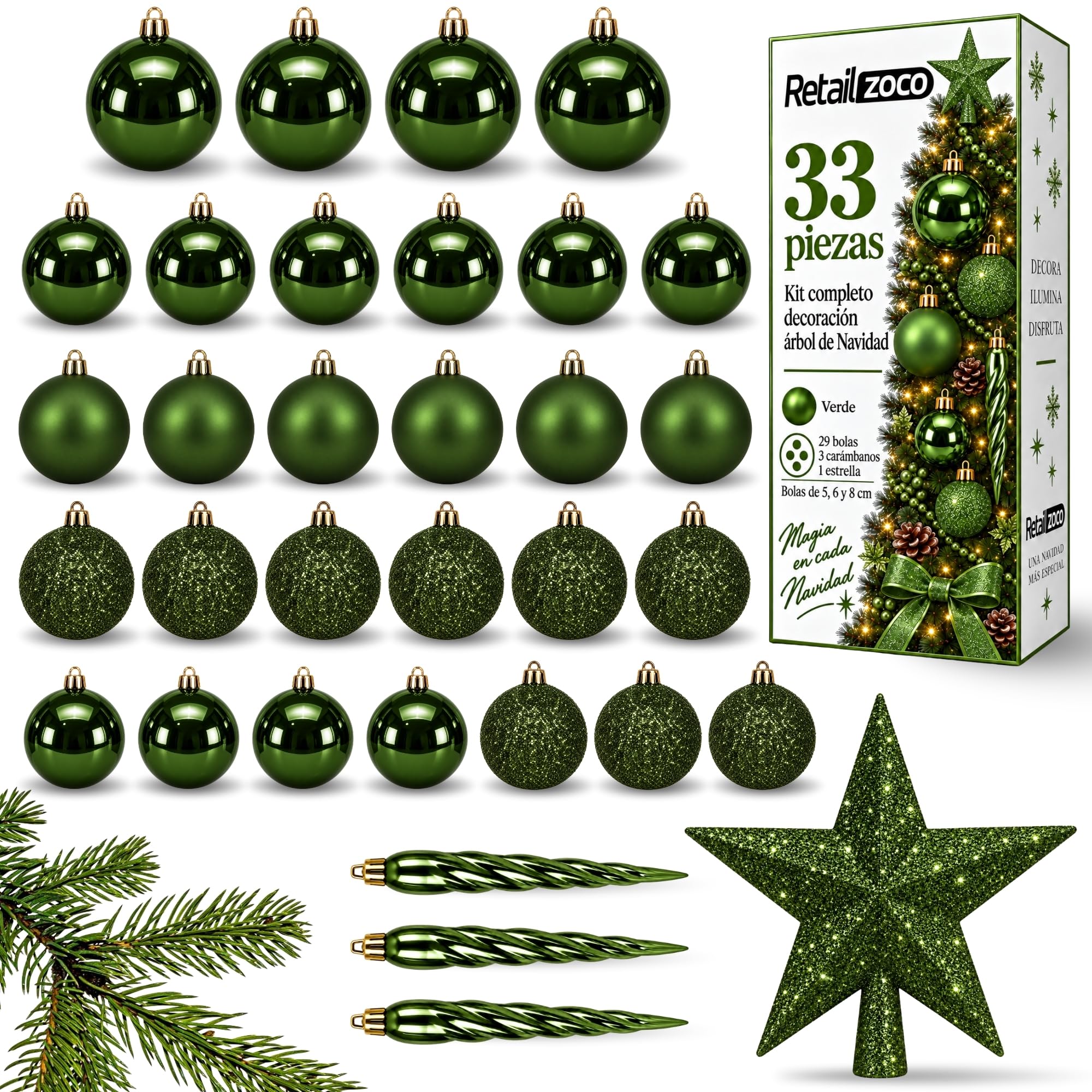Bolas de Navidad, Adornos Arbol Navidad, 33 Piezas, Verde - imagen 1