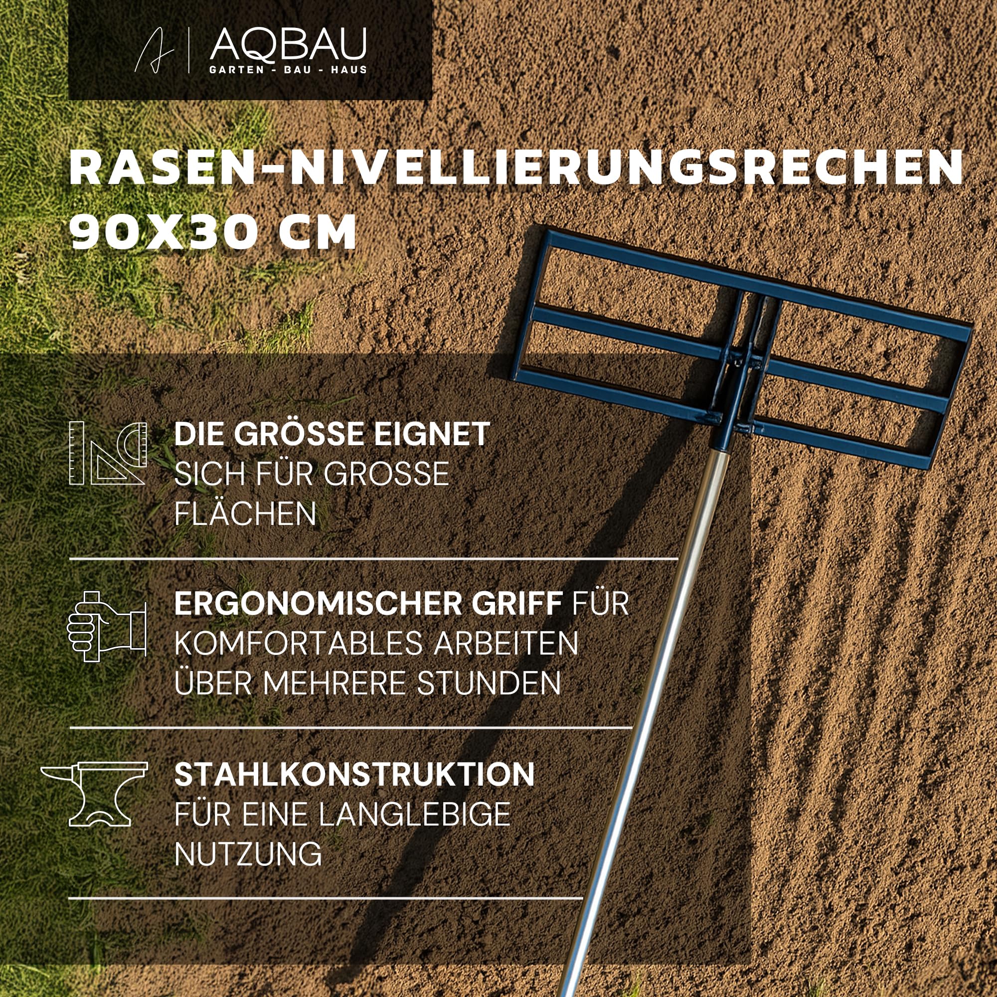 Rasenrakel 75x25 cm mit 175 cm Teleskopstiel – Stabiler Rasenrechen & Nivellierrechen aus Stahl – Kompakter Rasenglätter zum Rasen Ausgleichen, Ebnen & Begradigen – Rasen Sand Verteiler