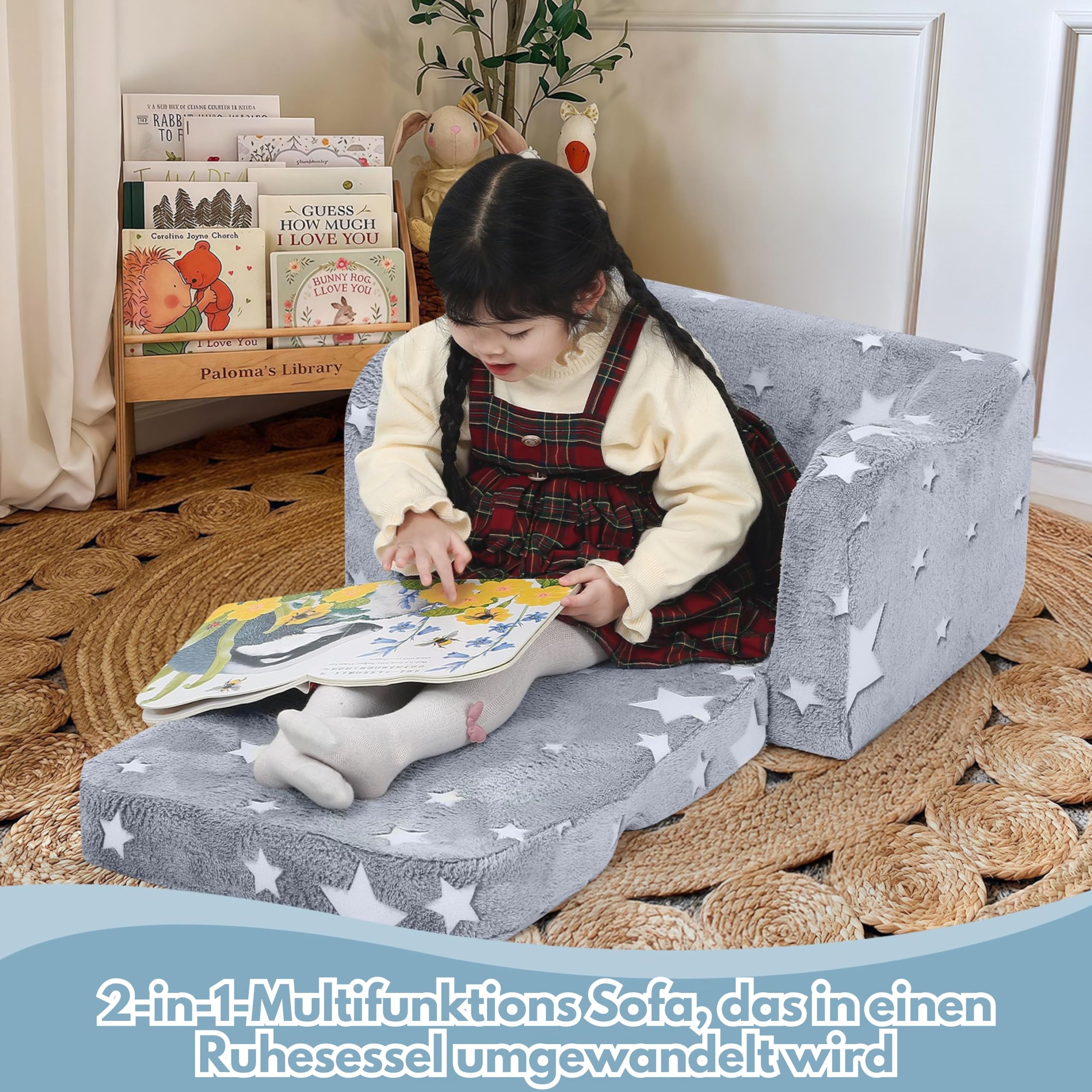 MeMoreCool Sofa dziecięca rozkładana, 2 w 1, sofa do spania dla małych dzieci, fotel dziecięcy z funkcją spania, mini kanapa do przytulnego kącika do pokoju dziecięcego, fantazyjna sofa do zabawy dla