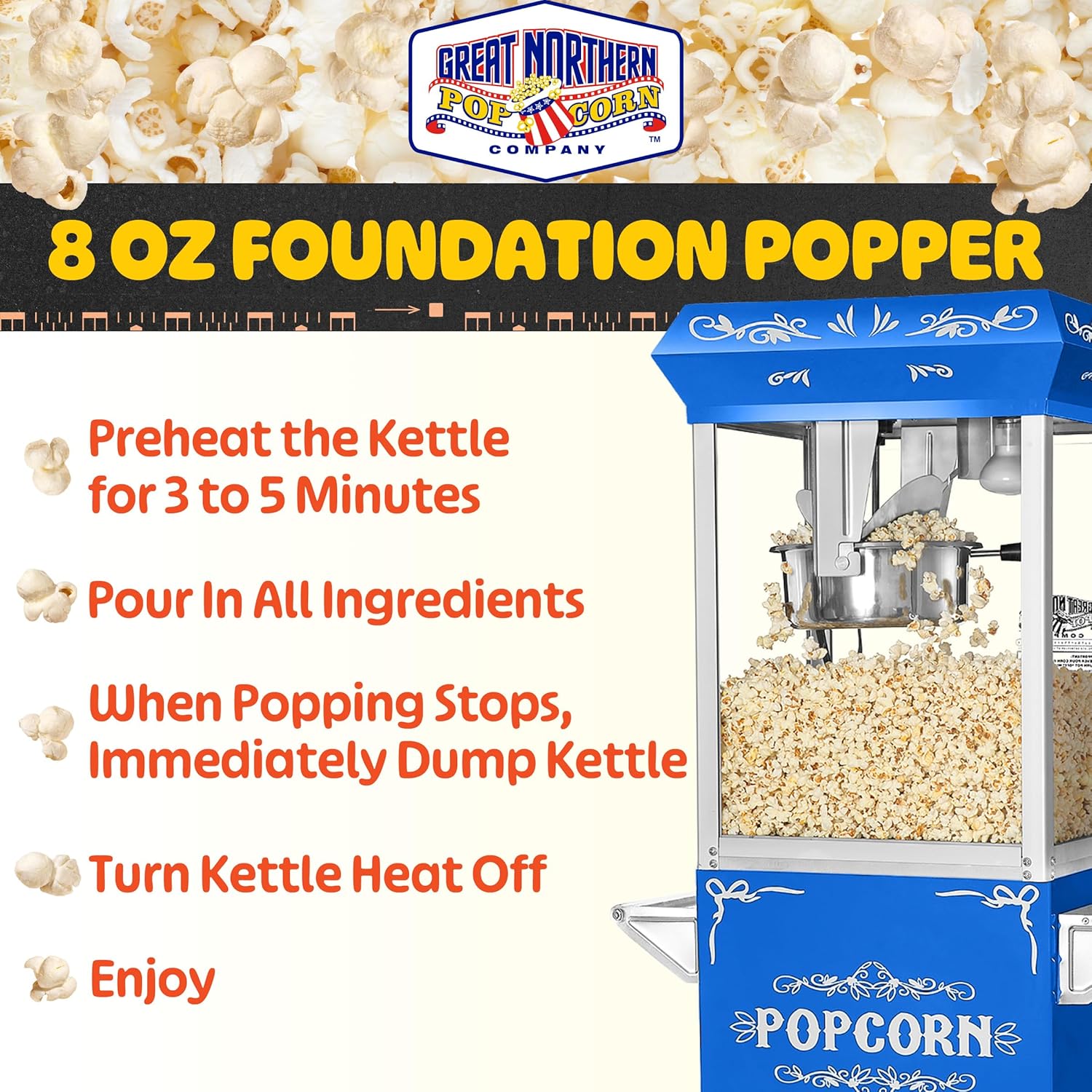 Foundation Popcorn Maker Machine with Cart - 8oz Stainless Steel Kettle Makes up to 48 Cups - Movie Theater Style Vintage Popcorn Machine Cart on Wheels by Great Northern Popcorn (Blue)