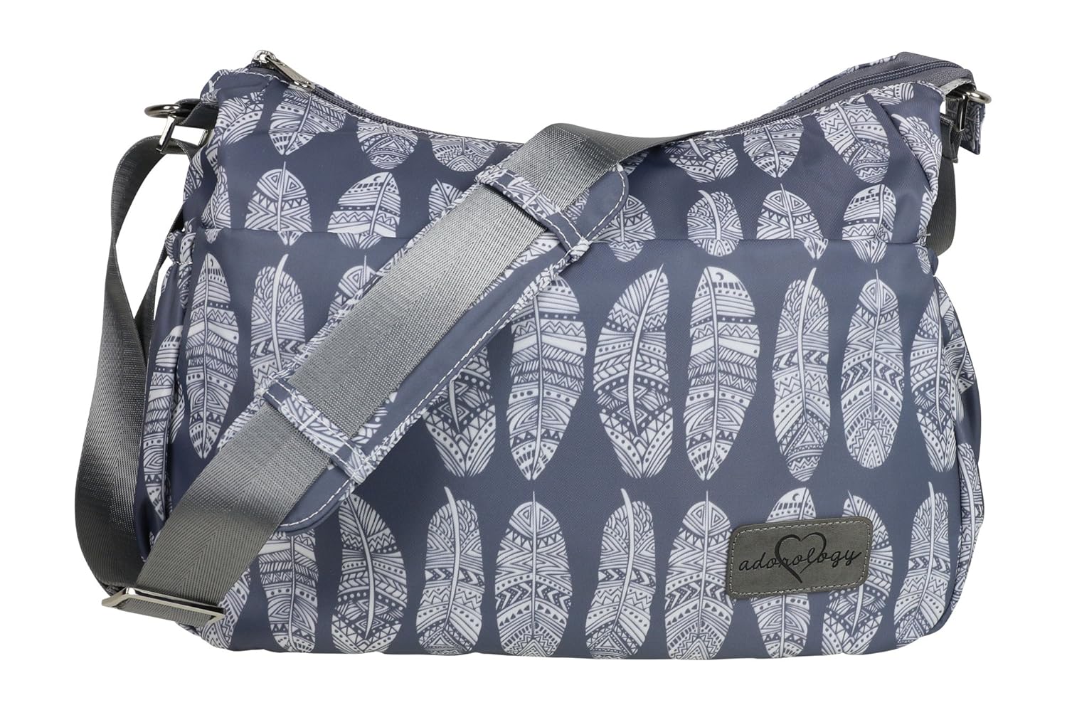 Diaper Bag Purse & matching Changing Pad in Premium Gray Nylon w/ 11 Pockets Insulated for Baby Bottles Silver Tone Hardware Perfect Spacious Crossbody Hobo Bags for Moms Grey Feathers Stroller Straps