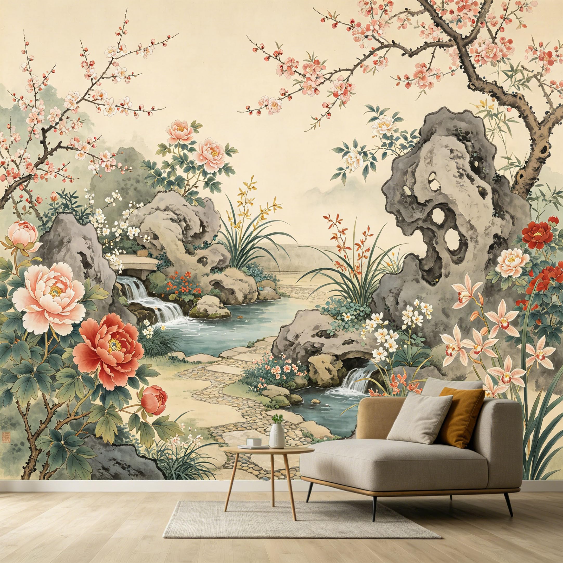 Custom Size Wall Murals Botanical Peony Flower Garden Watercolor Rock Waterfall Landscape SelfAdhesive Wall Fabric Removable Large Wallpaper Photo for Living Room