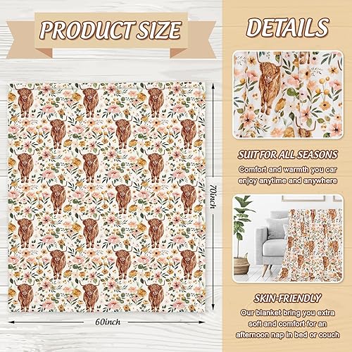 Miniatura 8 de Manta de franela mullida de vaca de las montañas florales de 60 x 50 pulgadas, manta de granja de acuarela con flores y vacas para el hogar, silla,