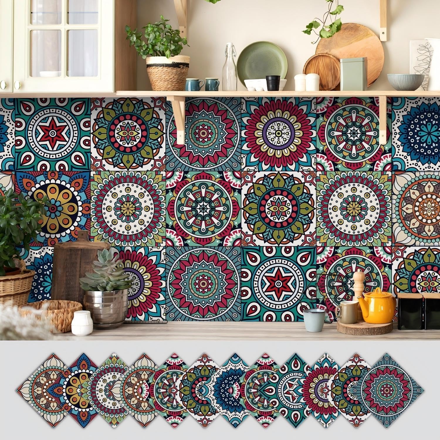 Tile Stickers, Stick on Tiles, Self Adhesive Wall Tiles, 24pcs Peel and Stick Tile Decals, 10x10cm Moroccan Style Waterproof Vinyl Mosaic for Kitchen Bathroom Wall Decor