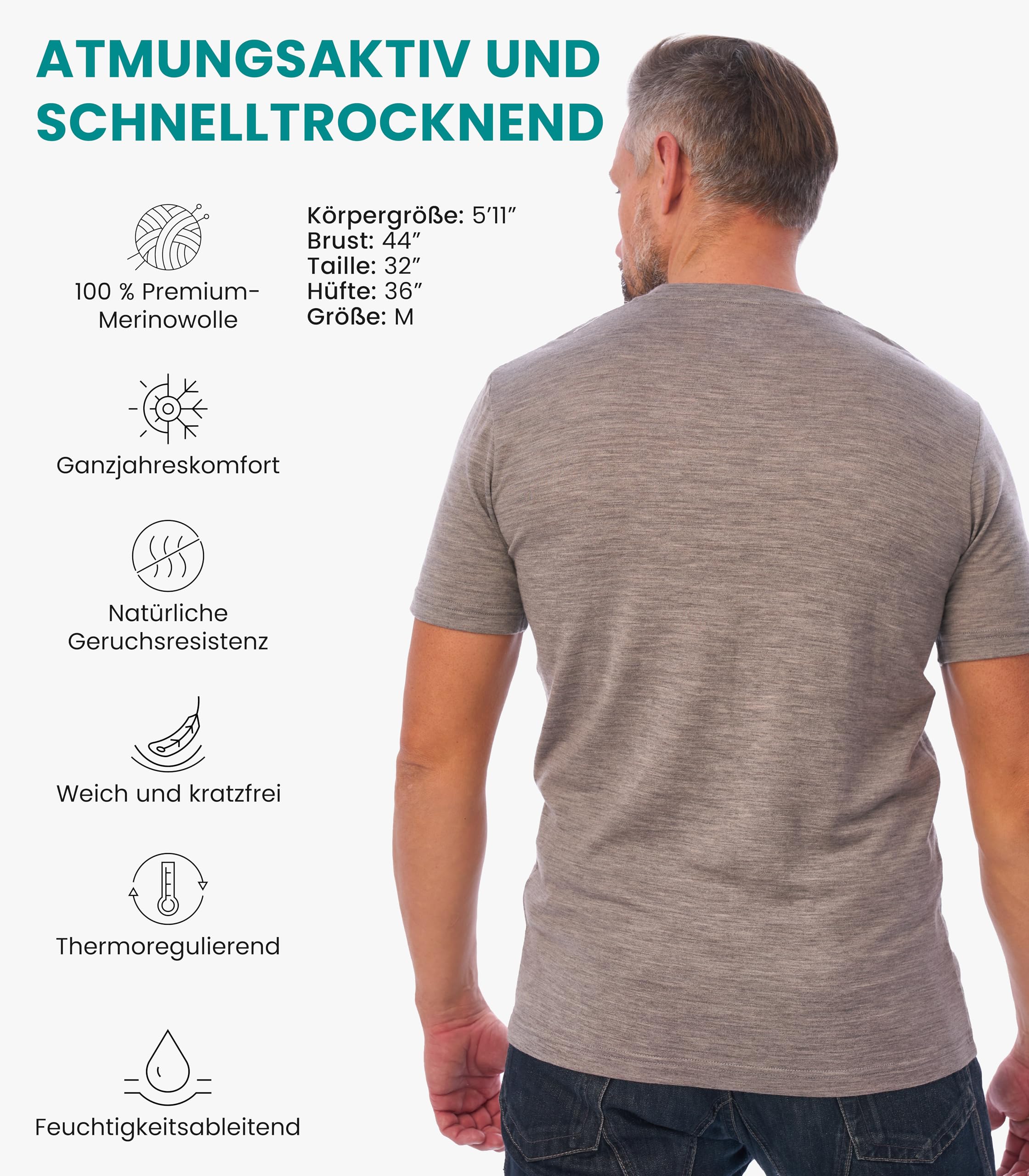 100% Merino Wolle Tshirt Herren - Merino Shirt Herren, Unterhemden Männer, Sports & Outdoor Gym Shirt (Small, Grey Melange)