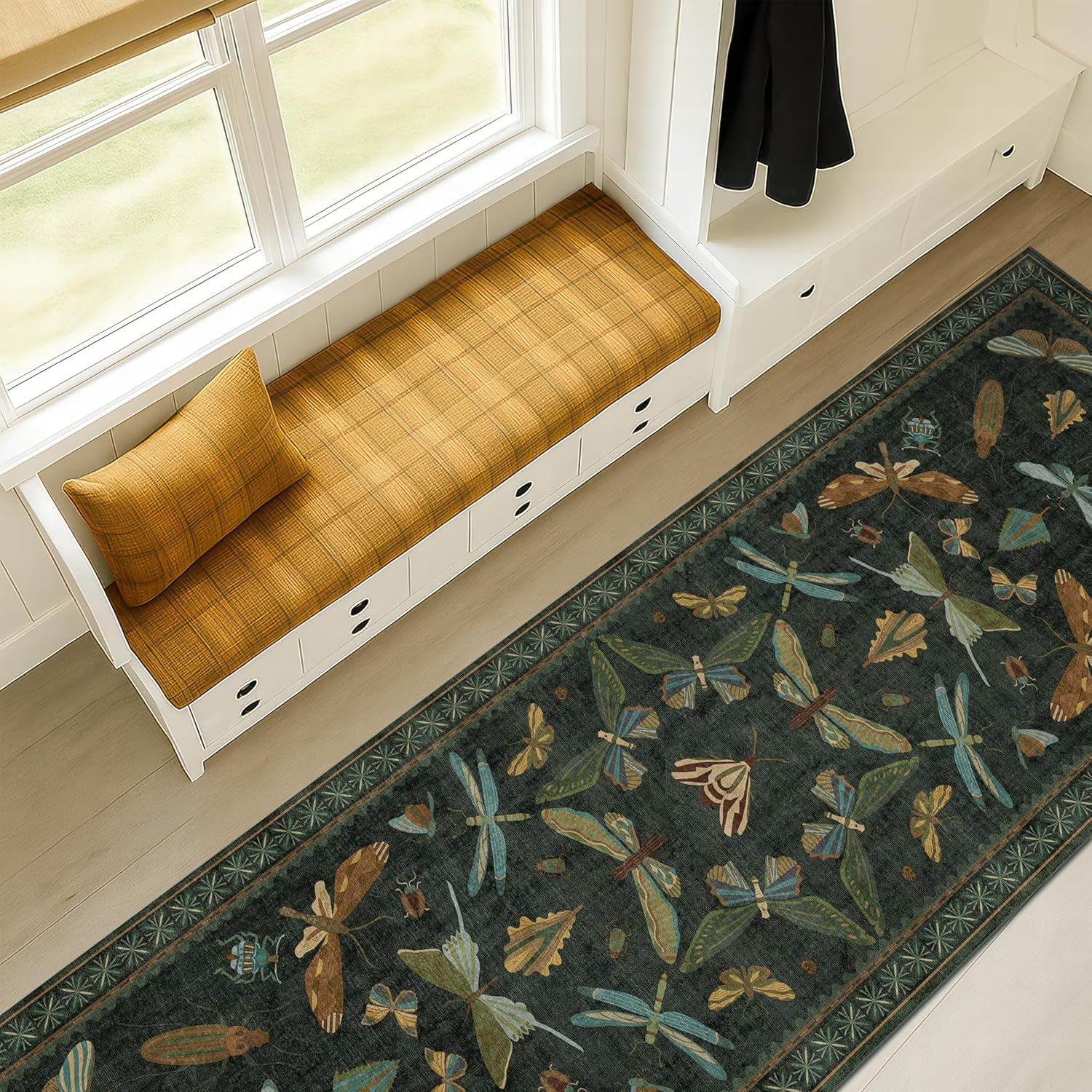 Dark Green 2'6"x10' Long Runner Rugs for Hallway - Boho Wide Washable Non Slip Indoor Entryway Rug, Low Pile Vintage Design - Stain Resistant Carpet