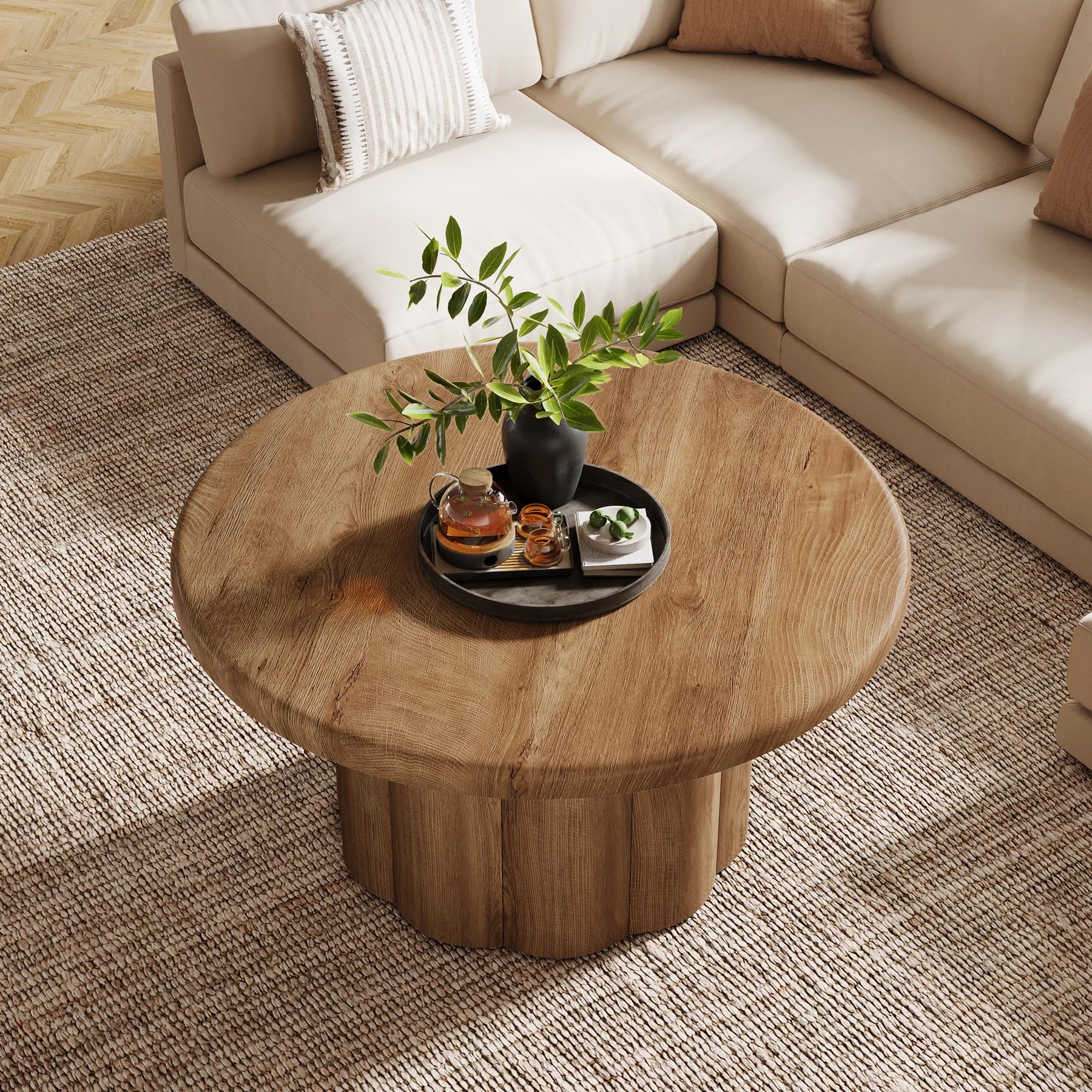 Tribesigns Tavolino Rotondo in Legno 80 cm – Design Moderno con Base a Tamburo Scanalato – Tavolo da Caffè in MDF Resistente per Soggiorno, Casa, Ufficio – Marrone