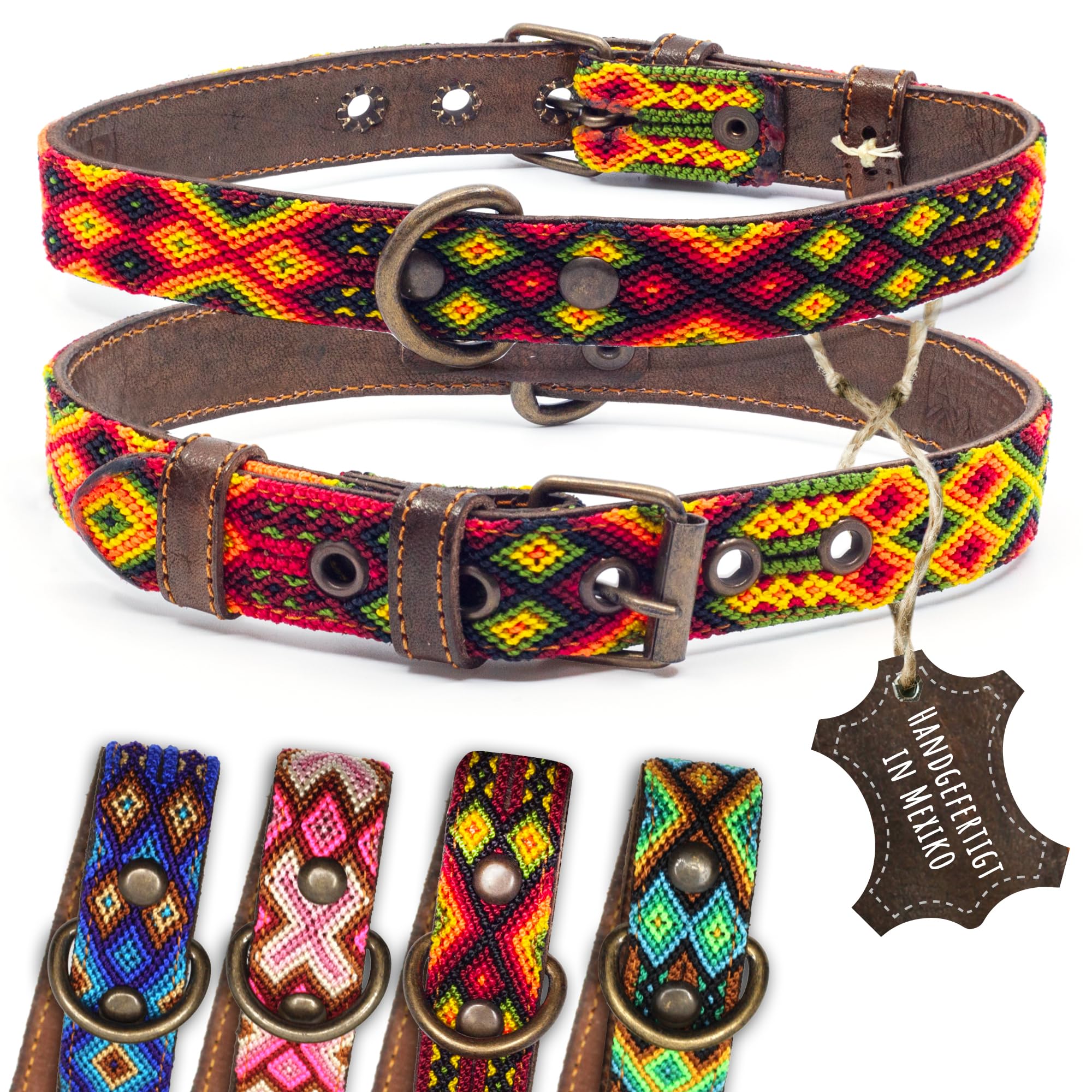Collare per cani in pelle bovina marrone tribale rosso fuoco continuo ricamato giallo/arancione/rosso – fatto a mano in Messico collare in pelle - taglia M