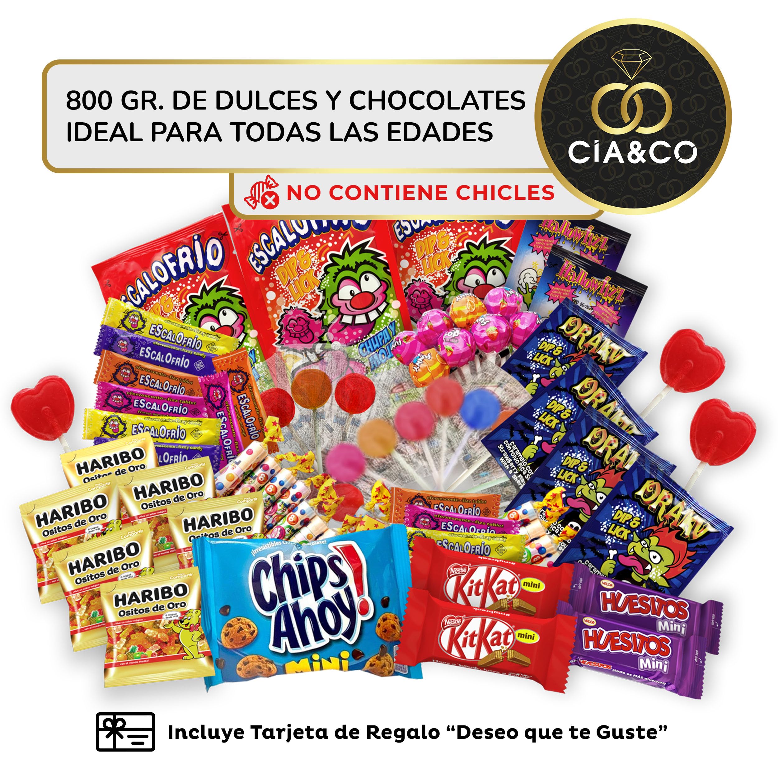 Lote Súper Chuches 800g Golosinas Chocolates Kit Kat Huesitos Chips Ahoy Piñatas Regalo Tarjeta Personalizable