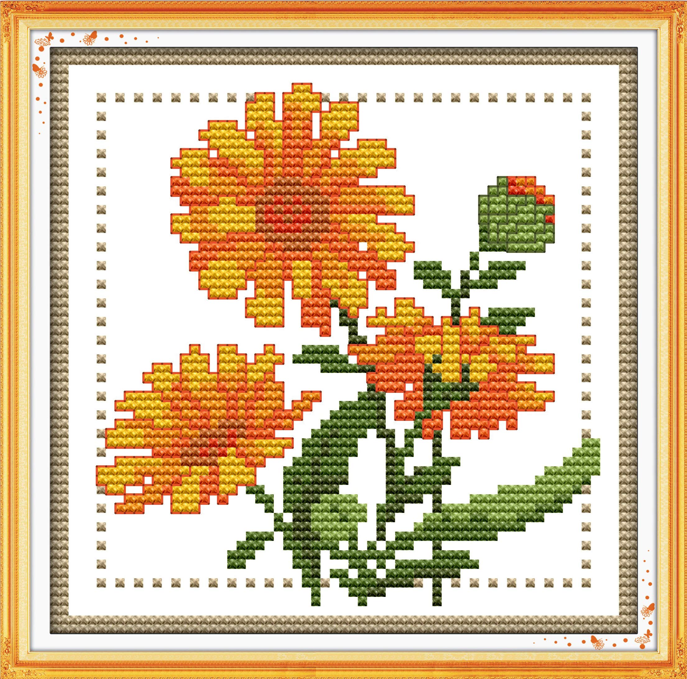 Own4b October Cross Stitch Kits Stamped, Twelve Months Flower- Printed Pattern 11Ct 8.3X8.3 Inch Diy Embroidery Kit