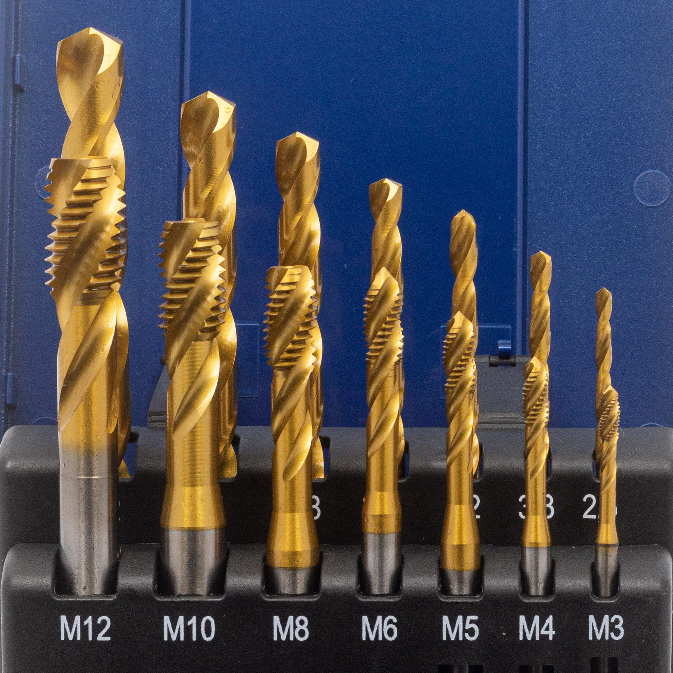 Lot de 14 tarauds pour machine à trou borgne M3, M4, M5, M6, M8, M10, M12 HSSE-Co5 dans une boîte en plastique TiN