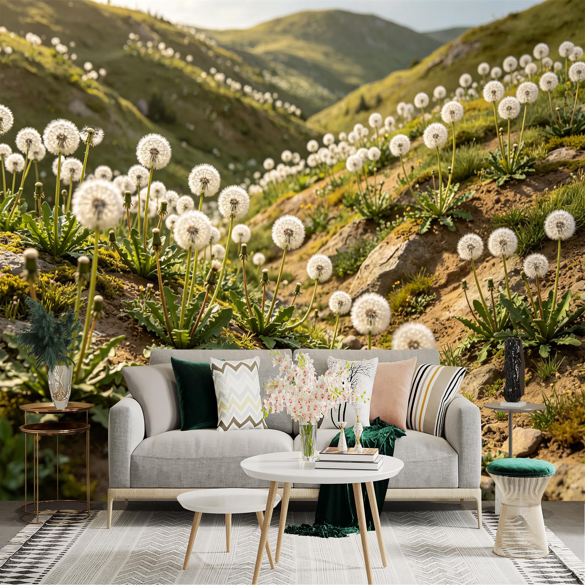 Lnzczhyre Dbh260521111 Custom Size Wall Sticker Mural， White Fluffy Seed Heads， Scenic Mountain Hillside， Nature Spring Meadow， For Wall Decoration， Peelandstick Wall Decals.