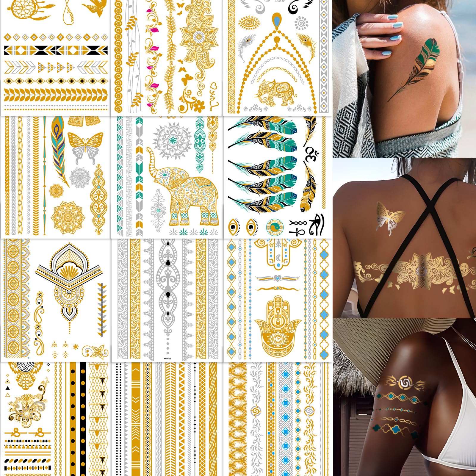 GEBETTER 12 Hojas A5 Tatuajes Temporales Dorados Estilo Bohemio, Tattoos Tatoos Tatus Oro Metálico Brillante Adultos Niños, Regalo Mujer Niña Fiesta Verano Festival Despedida Soltera Boda Playa