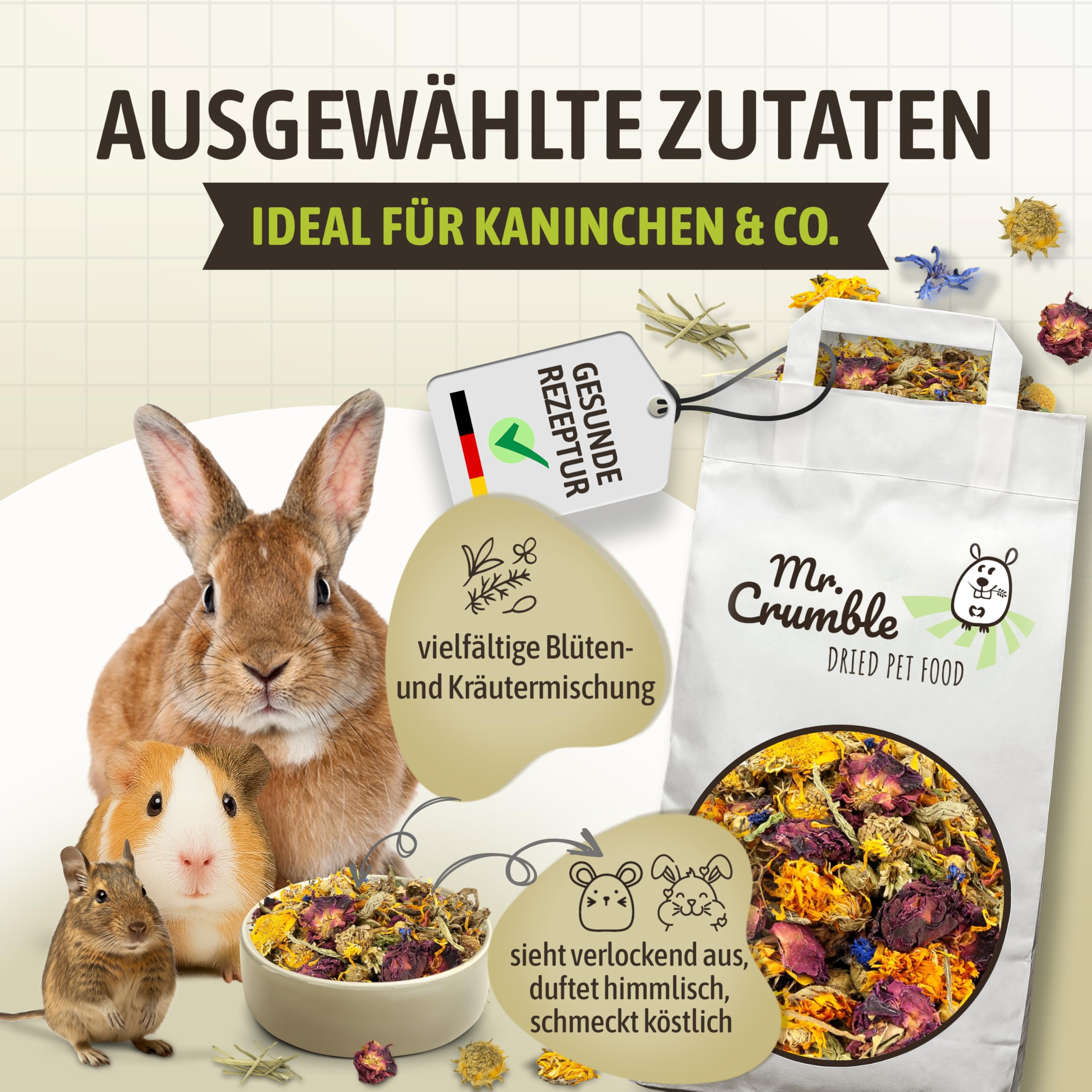 Mr. Crumble Blüten-Kräuter-Mischung 5kg – Getreidefrei - 100 % Pflanzenpower für Kaninchen, Degus & Nagetiere – mit viel Rohfaser – Ohne Zusatzstoffe – Naturnahe Tiernahrung