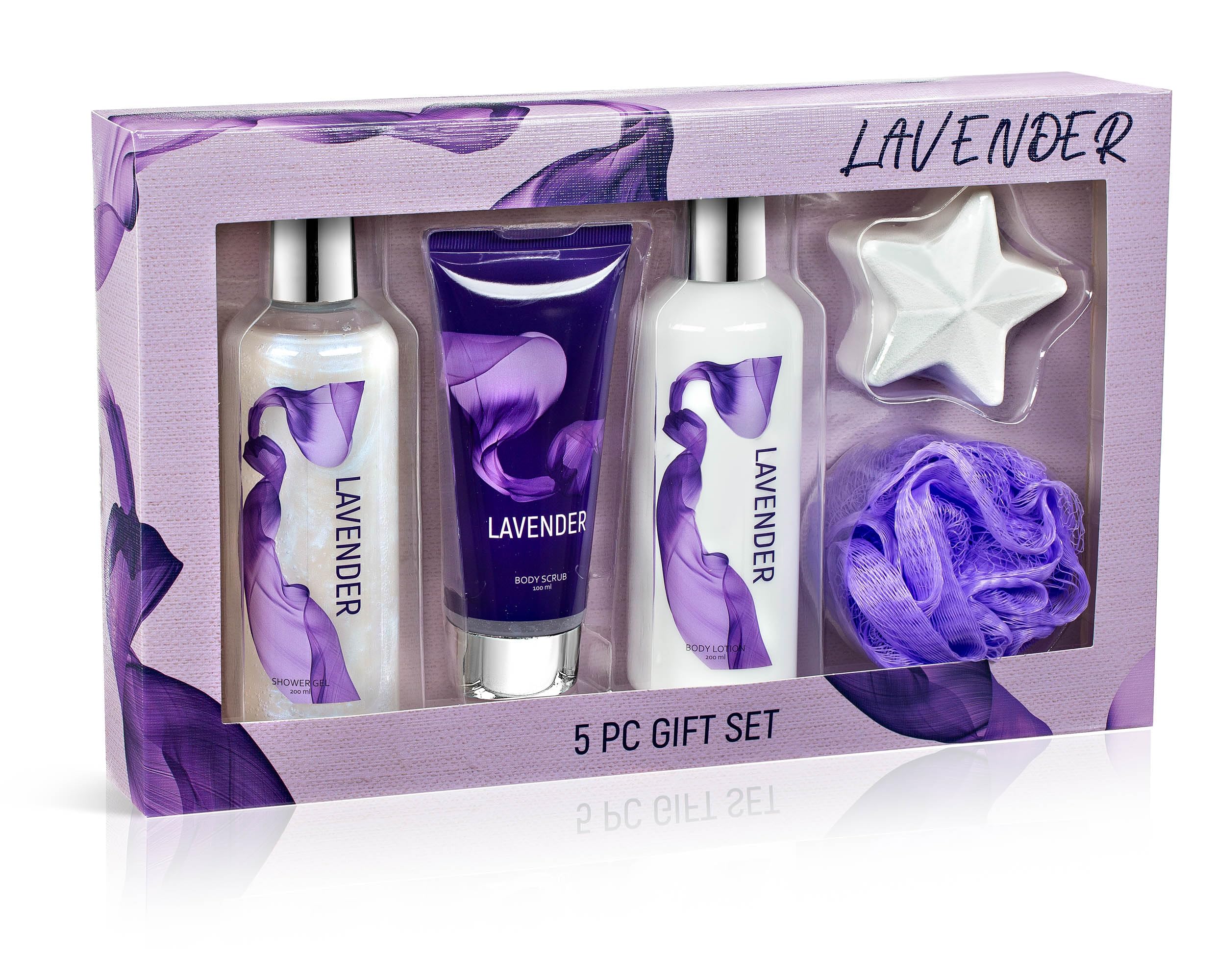 Fragrance Bath & Body Collection Gift Box, Includes Shower Gel, Body Lotion, Body Scrub, Bath Bomb & Sponge (Lavender) – Mother's Day Gift for Mom
