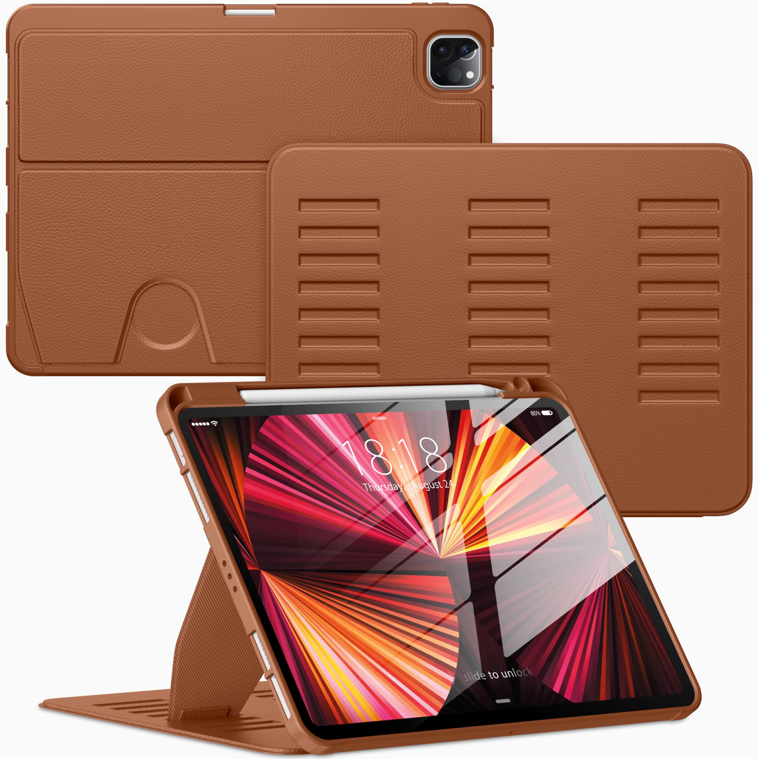 VIKESI Case for iPad Pro 11 Inch 4th / 3rd / 2nd / 1st Generation 2022/2021/2020/2018,Multiple Angles Stand Cover,Soft Back,Pencil Holder,and Auto Sleep/Wake,Brown