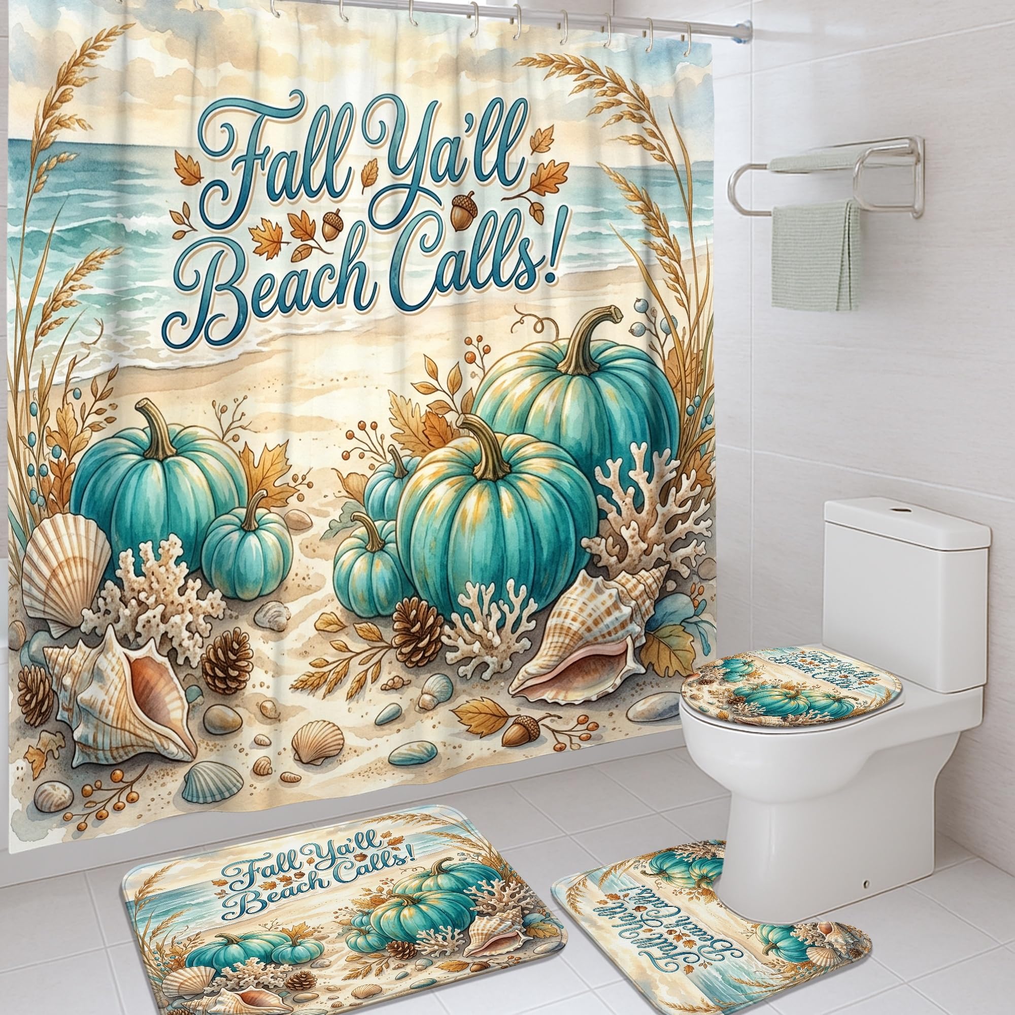 Rideau de douche turquoise automnale et citrouilles déco salle de bain