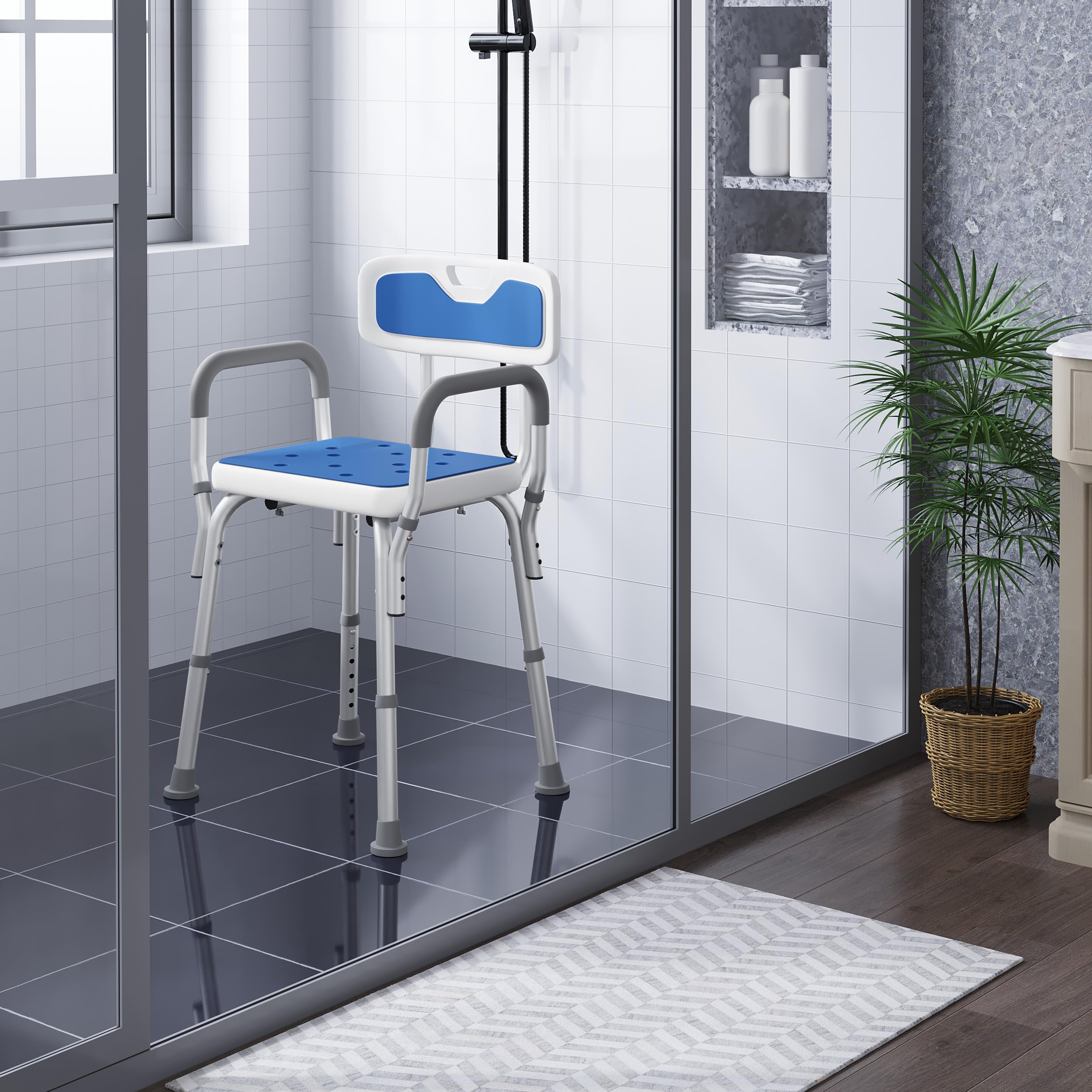 EUGAD Sgabello da Bagno Regolabile, Sgabello con Braccioli e Schienale, Sedia da Doccia per Anziani, Disabili, Sedile in PE, Gambe in Alluminio, Blu+Bianco
