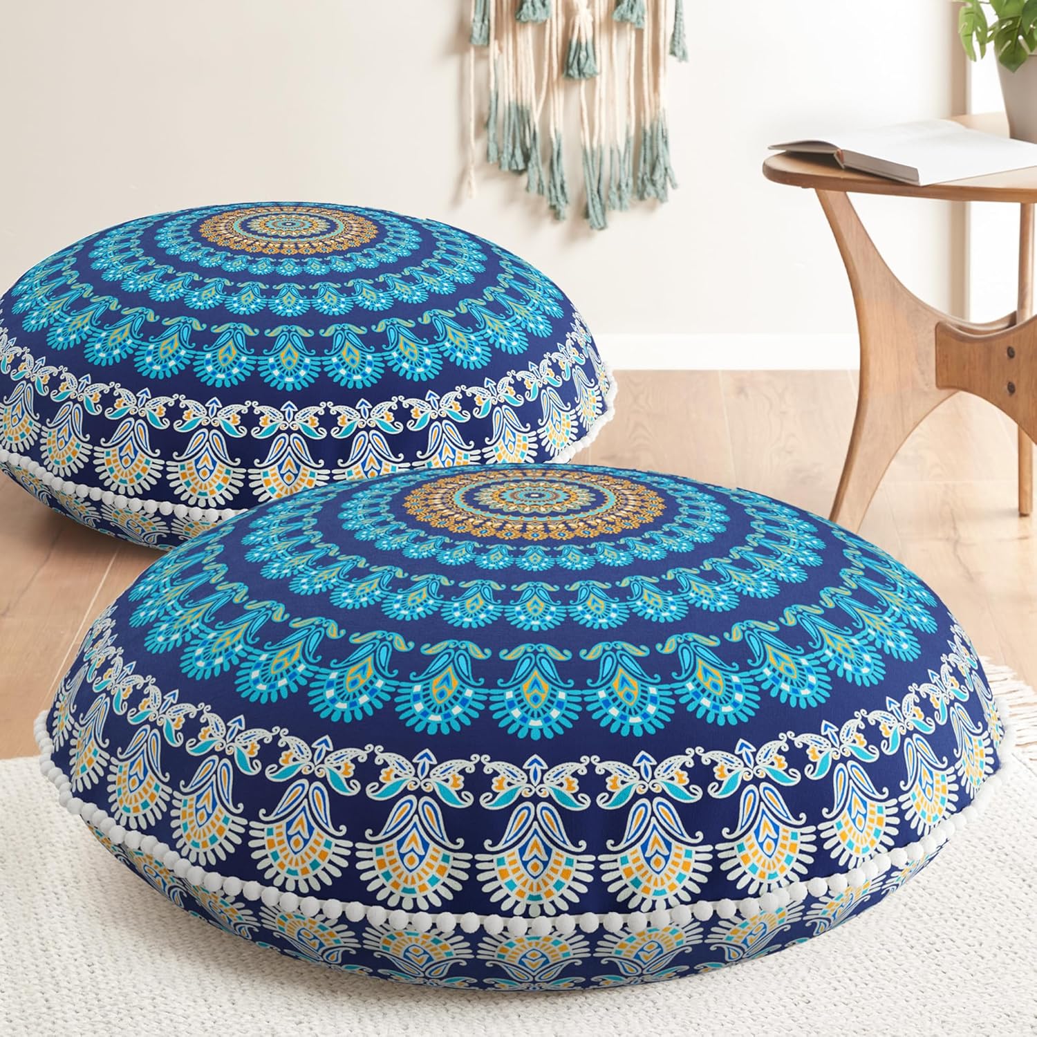 Codi Meditation Floor Pillow Set of 2, Round Large Pillows Seating for Adults, Bohemian Mandala Circle Cushion for Outdoor Fireplace Yoga Living Room, 32 Inch, Memory Foam Added, Navy OEKO-TEX STANDAR