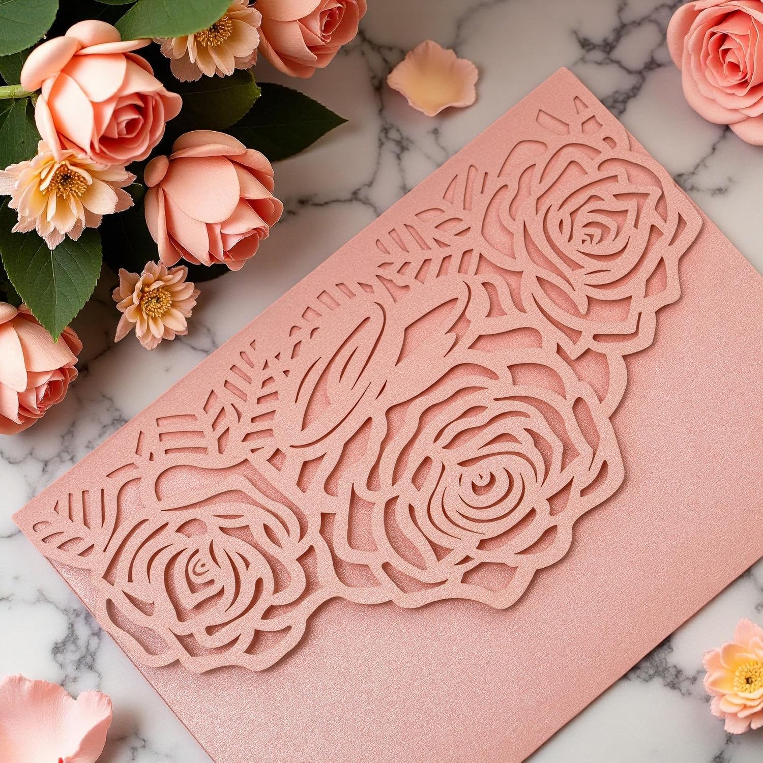 Laser Cutting Invitation Card Greeting Card Graduation Party Rose Flower Wedding Birthday Party Invitations Invitation Pocket With Envelope (Pink)