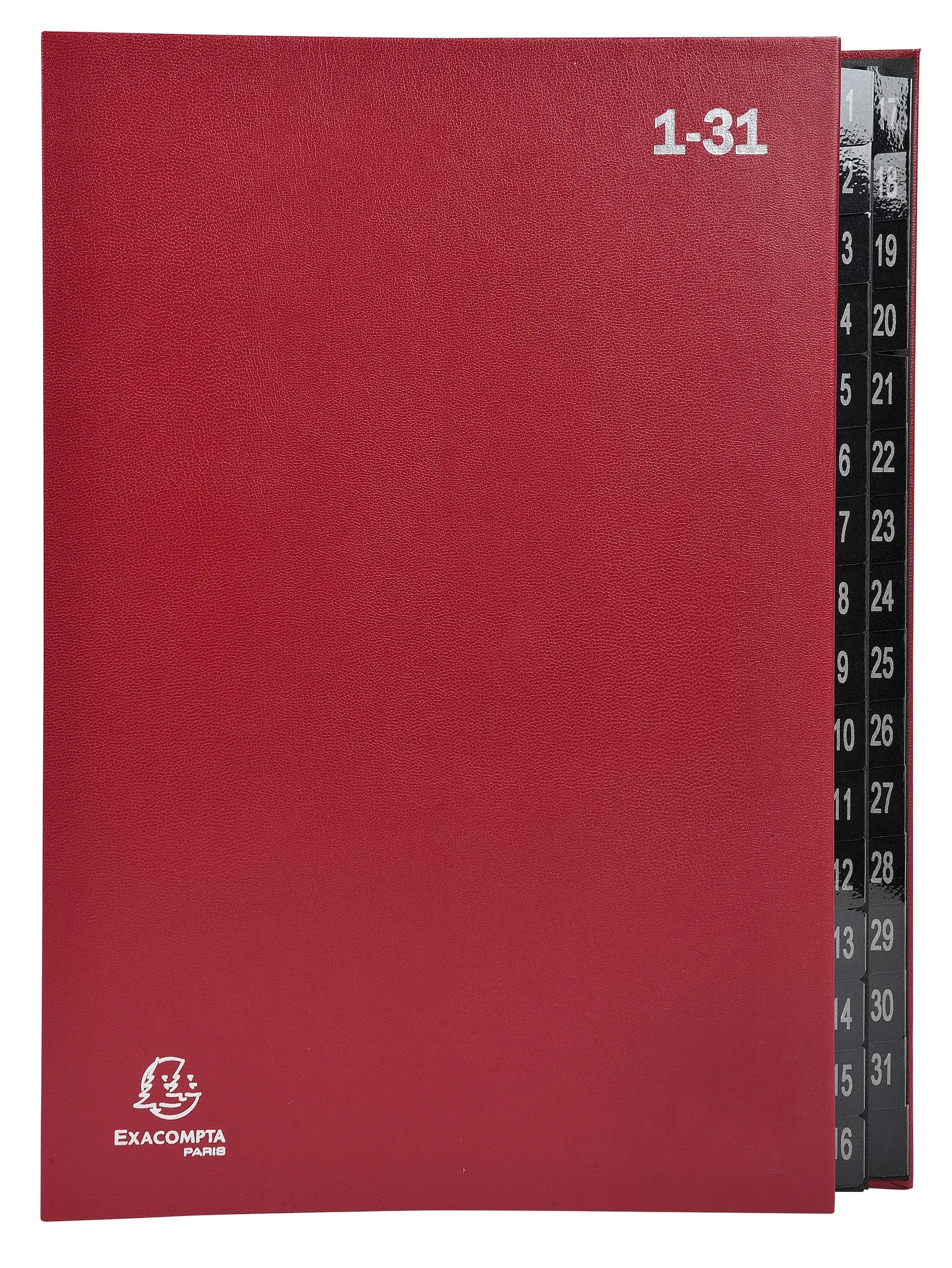 Exacompta - Ref 57035E - Box of 6 Ordonator File Boxes - Hard Cover - Black Card Interior - Digital Laminated tabs from 1 to 31-32 compartments - Size 25x33cm - for A4 - red