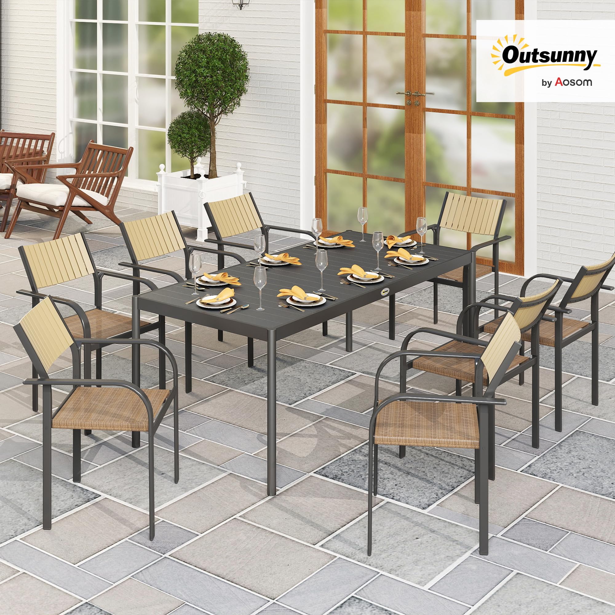 Outsunny Table à Manger de Jardin en Acier pour 8 Personnes, Plateau à Lattes Rectangulaire, Anti-Rouille, Gris Foncé