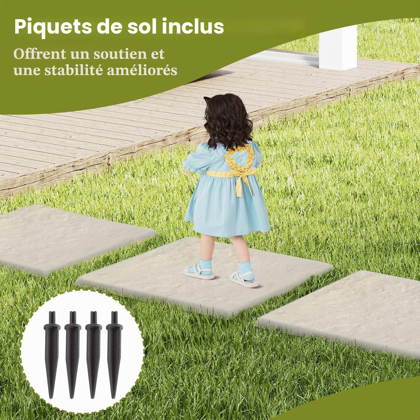 LIFEZEAL Dalles de Jardin 39,5x39,5 cm, Lot de 8 Dalles avec Piquets de Fixation au Sol, Pierres Décoratives pour Allée de Jardin, Chemin Extérieur, Revêtement de Sol (Beige)