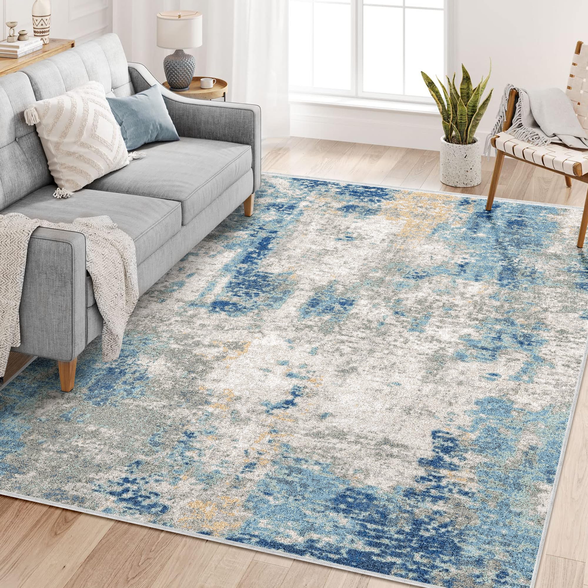 Area Rug 6x9, Modern Abstract Area Rug, Rugs for Living Room, Dining Room Rug, Washable Rug 6x9, Large Bedroom Rug with Non Slip Rubber Backing for Living Dining Room Office, Blue/Grey/Ivory