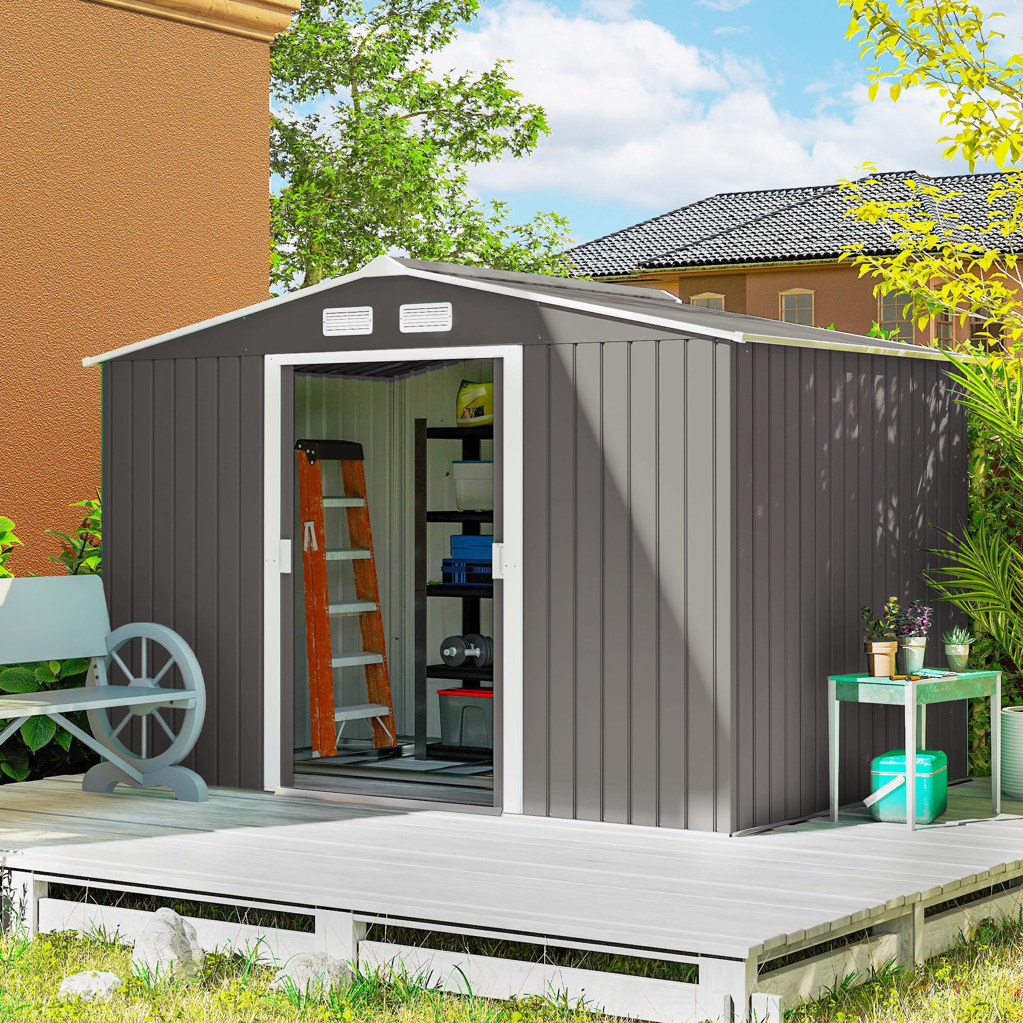 Outsunny 9' x 6' Garden Storage Shed with Foundation Kit, Metal Tool Storage House with Double Doors for Outdoor Patio Yard, Dark Grey — view 24