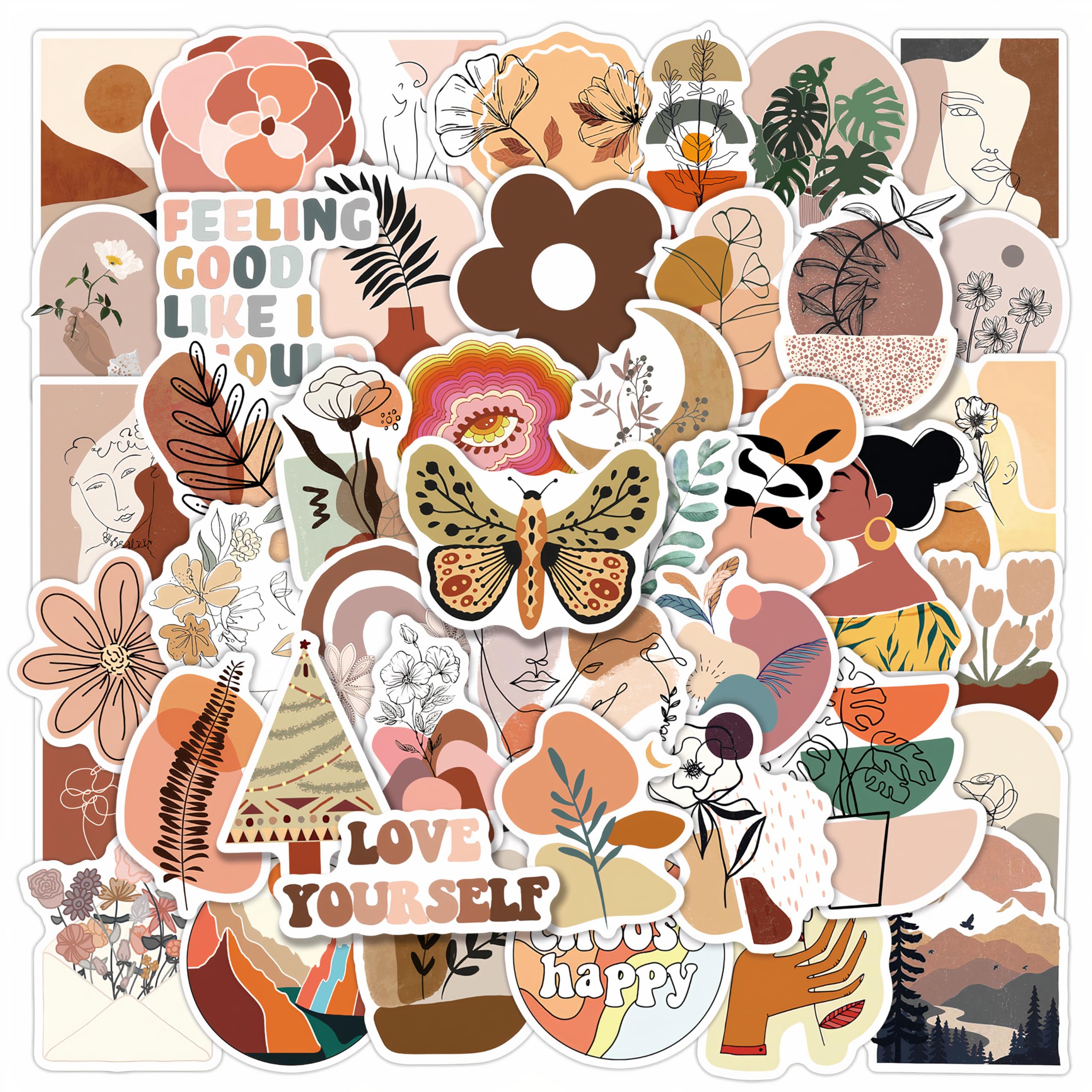 LEETEE 100PCS Cute Boho Stickers, Kawaii Warm Pastel Line Arts Stickers Decal for Water Bottles Laptops, Boho Beauty Stickers for Women Girls (Boho 1)