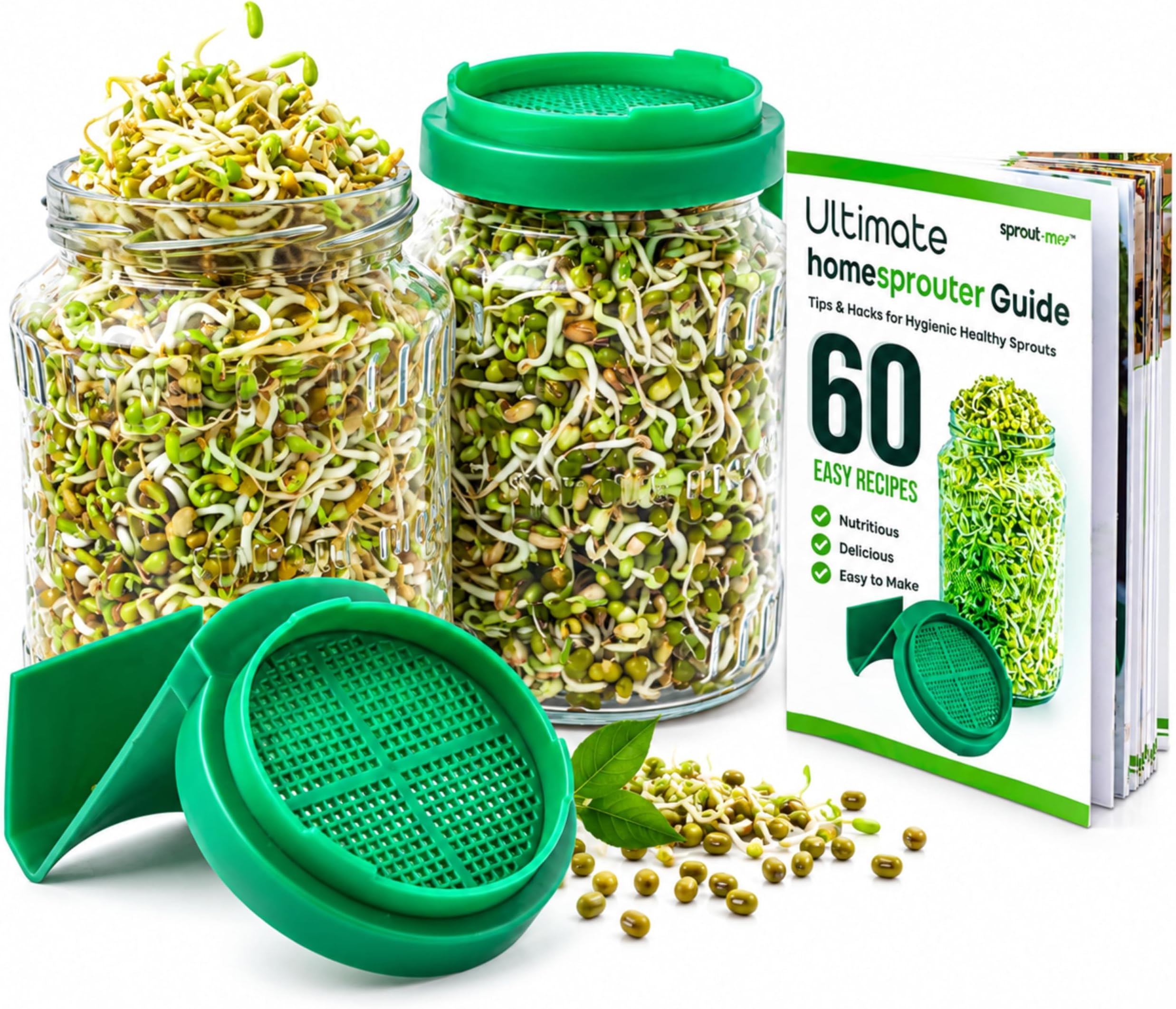 2 Pack of Sprout Maker Glass Jars with Physical Recipe Book