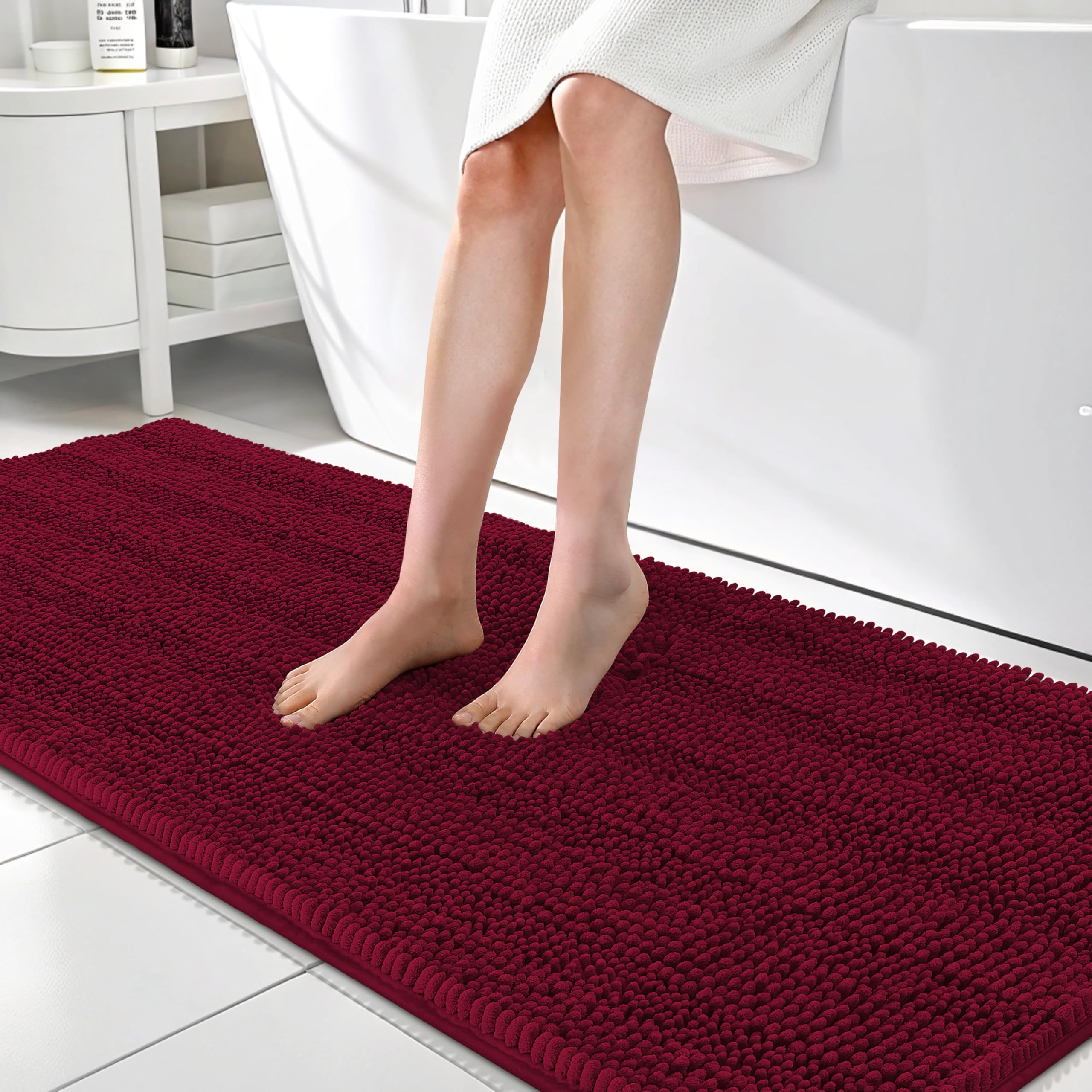 OLANLY Thick Bathroom Runner Rugs 70x24, Soft Chenille Bath Rugs, Burgundy