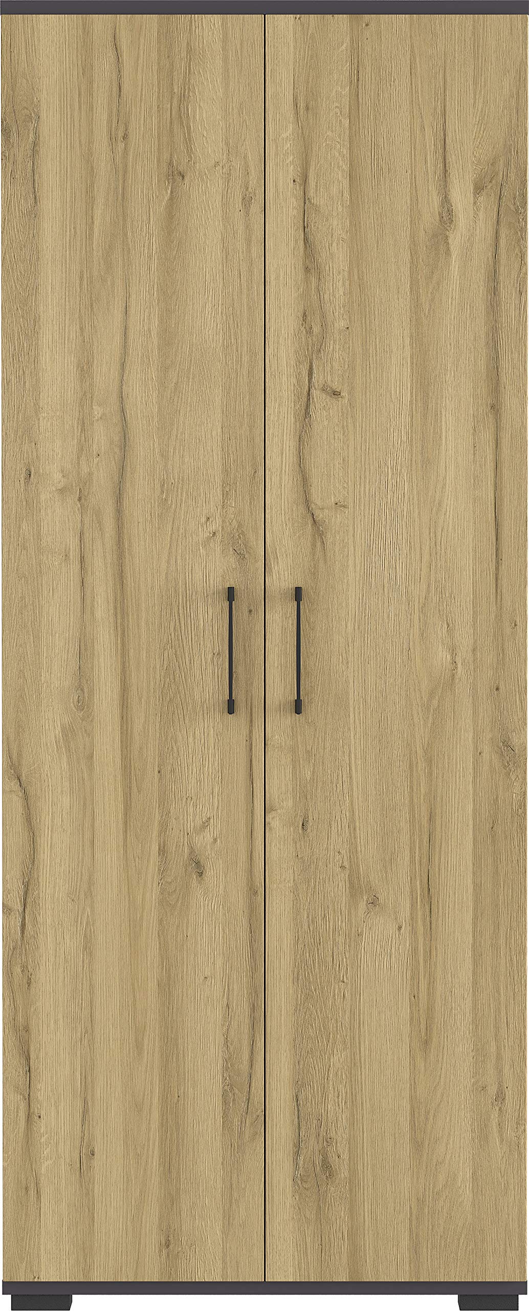 Aktenschrank mit Zwei Türen, fünf Fächer in Ordnerhöhe, Bügelgriffe aus Metall, in Graphit/Eiche, 80 x 200 x 40 cm (BxHxT)
