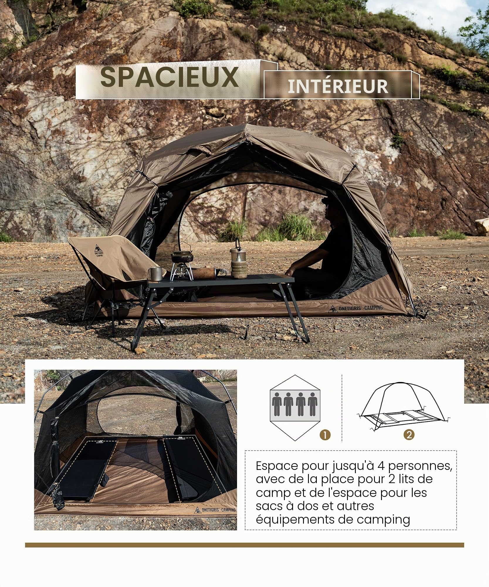 OneTigris JOVIAN - Tente de Camping 4 Personnes, Étanche, 2000 mm de Water Resistance - Tente Extérieure Dôme 3 Saisons