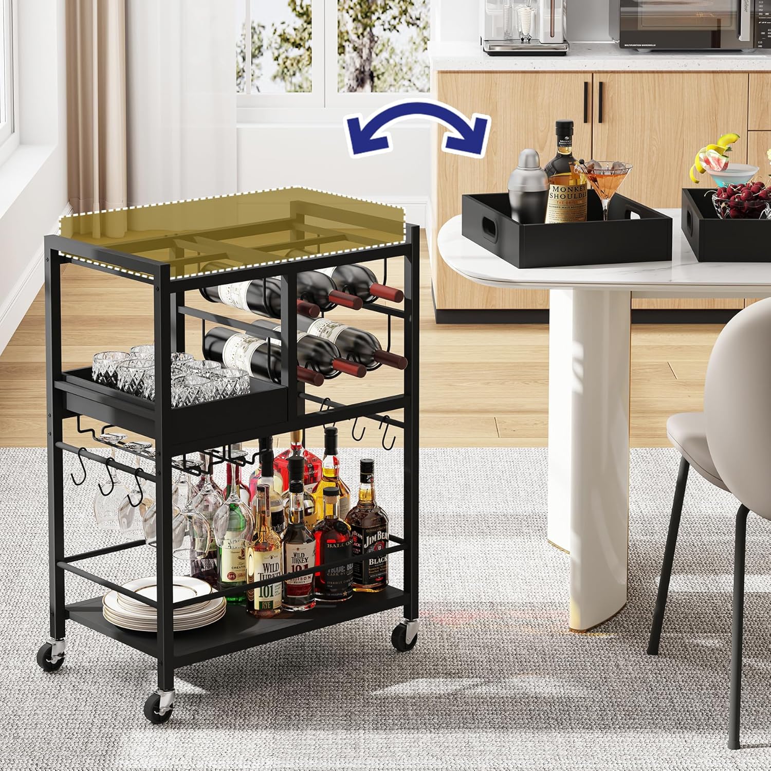 TUTOTAK Bar Cart with Wheels, Drink Cart with Wine Rack and Glass Holder