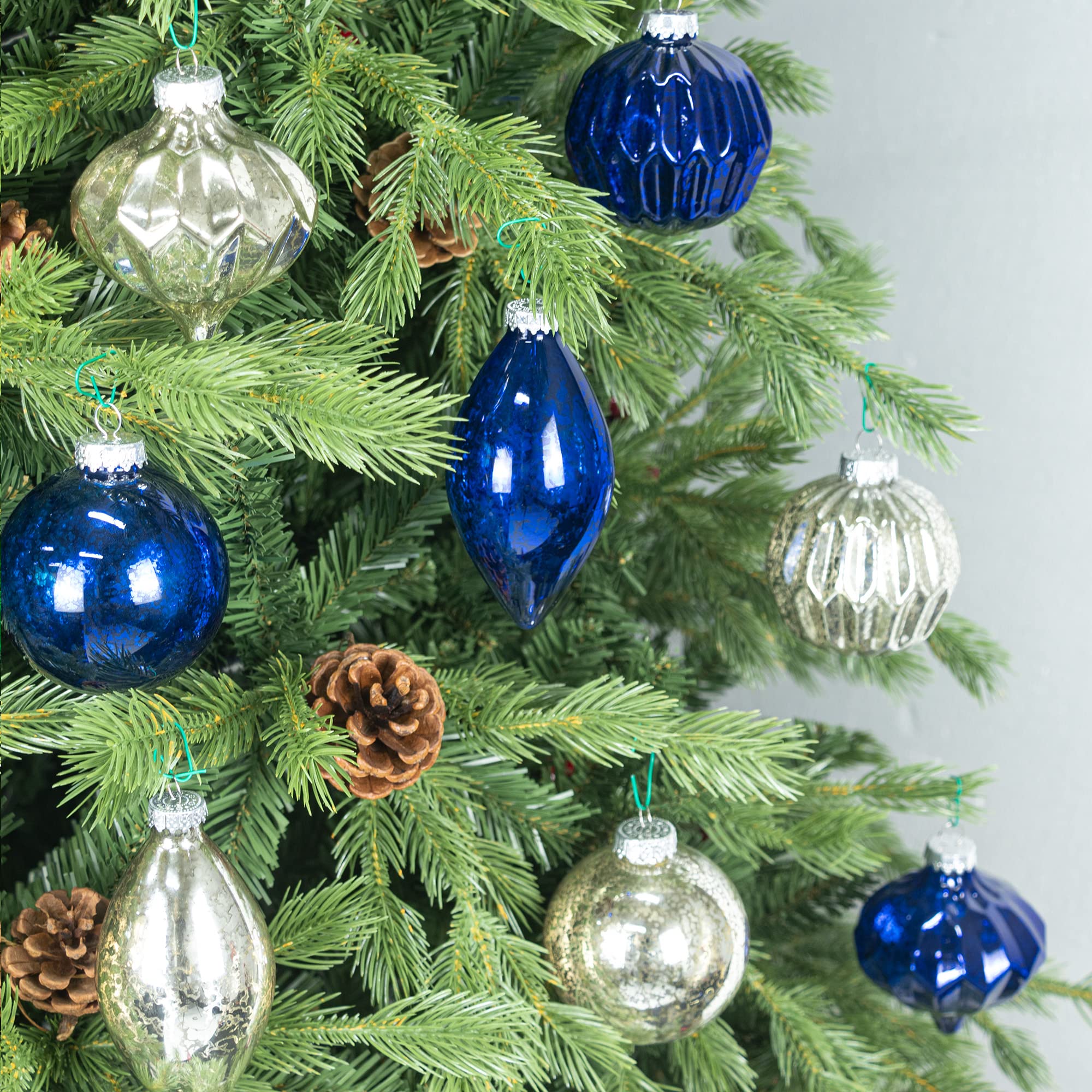 KI Store Mercury Glass Christmas Tree Ornaments Blue 80mm 120mm Set of 8 Hanging Christmas Baubles Finials for Tree Decoration Holiday Décor - Image 4