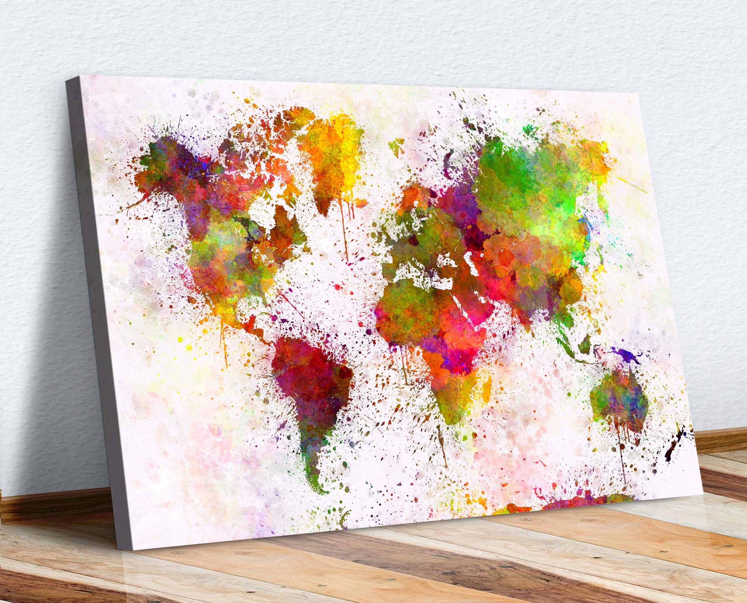 Canvasartshop Multicolored Framed Canvas Wall Art Print Artwork Warm Abstract World Map Paint Splatter (24In X 16In / 60Cm X 40Cm)