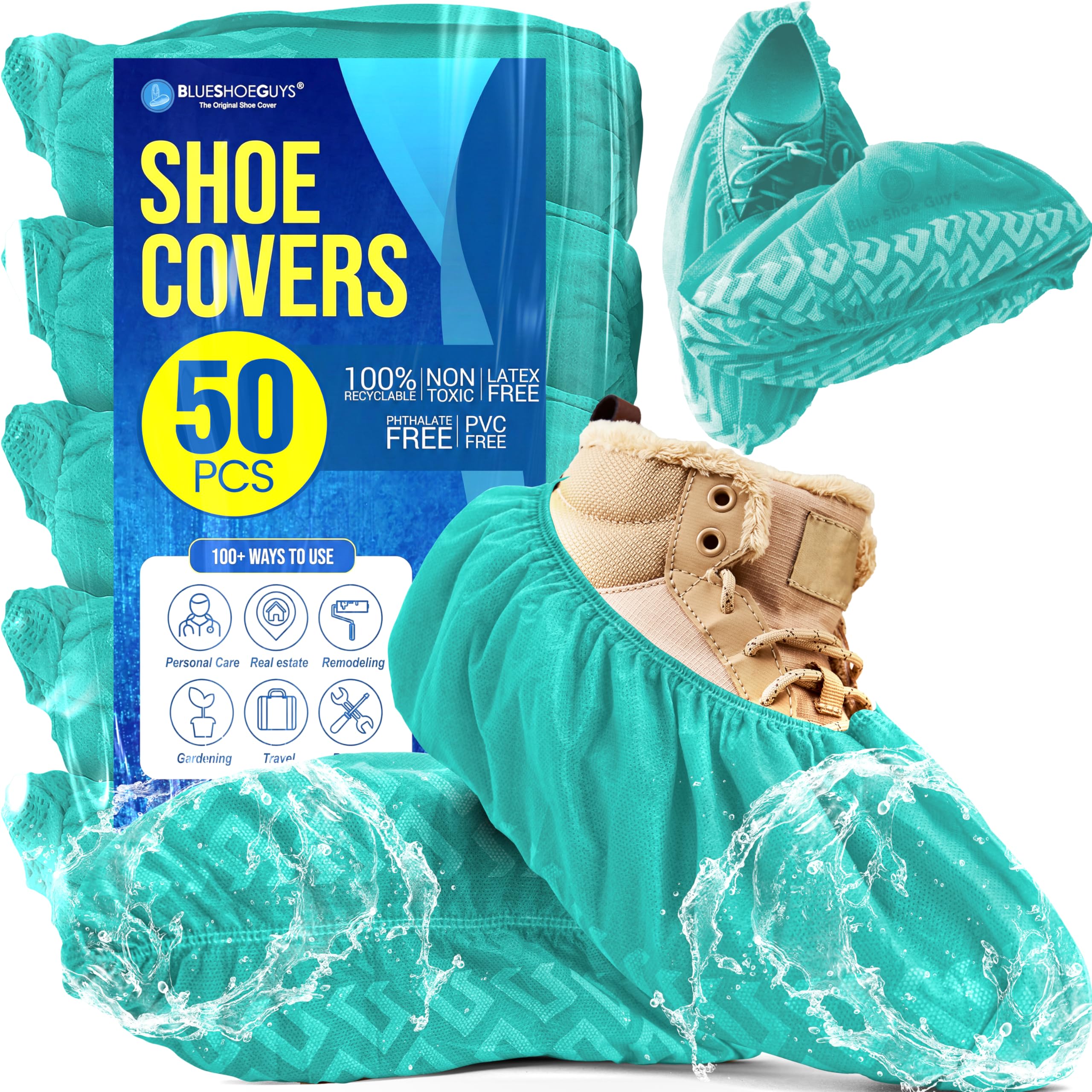 Premium Boot &amp; Shoe Covers Disposable Booties - 50 Pack - Durable, Non-Slip, Non-Toxic, Water Resistant, Recyclable Protectors for Indoor &amp; Outdoor - Large Size Fits Most Shoes