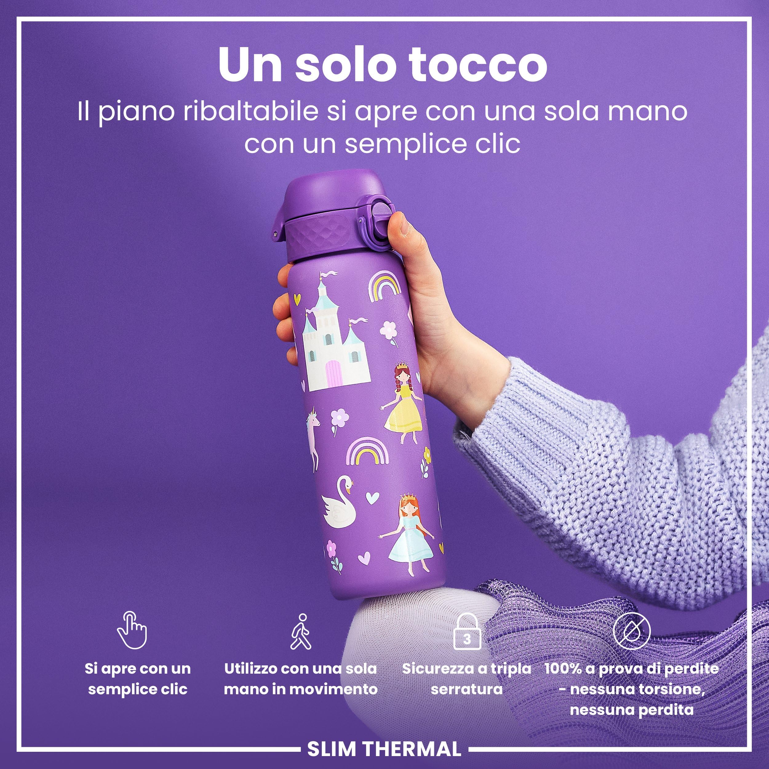 Ion8 Borraccia Termica in Acciaio Isolato, 500ml, a Prova di Perdite, Facile da Aprire, Serratura Sicura, Lavabile in Lavastoviglie, Maniglia per il Trasporto, Facile Pulizia, Durevole, Principessa