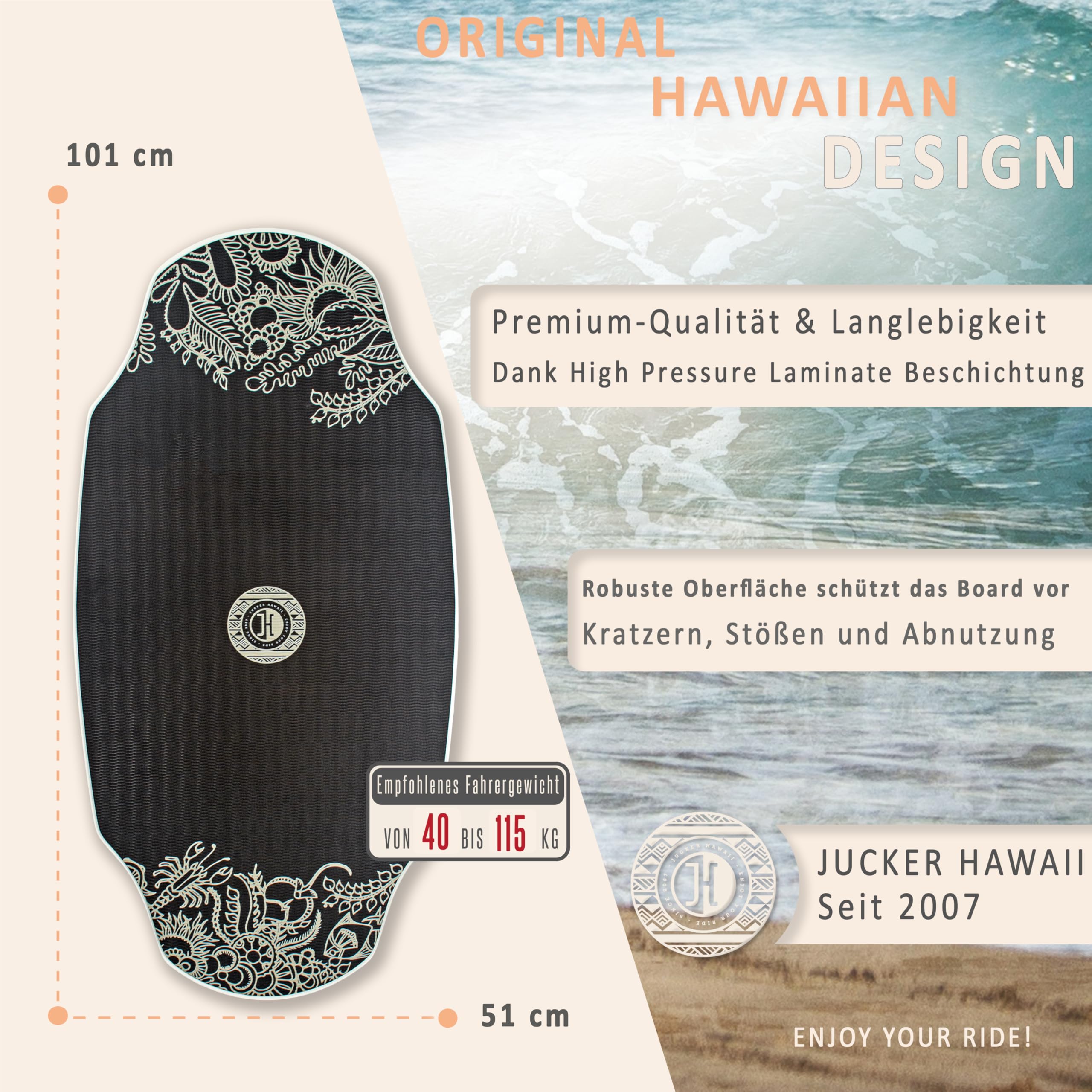 JUCKER HAWAII Skimboard – Profi Skimboard mit HPL-Beschichtung, Anti-Rutsch Oberfläche, Ultra schnell, extrem robust und langlebig, bis 115 kg belastbar – für Einsteiger bis Profi