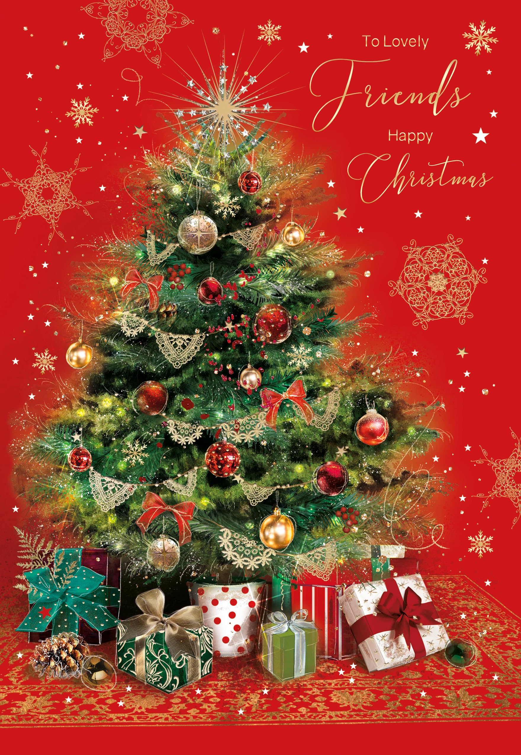 Cherry Orchard Lovely Friends Christmas Card, from the Gorgeous Grace range, from Stunning Christmas tree design, printed on a luxury Red card, with gold foil text and finishes.