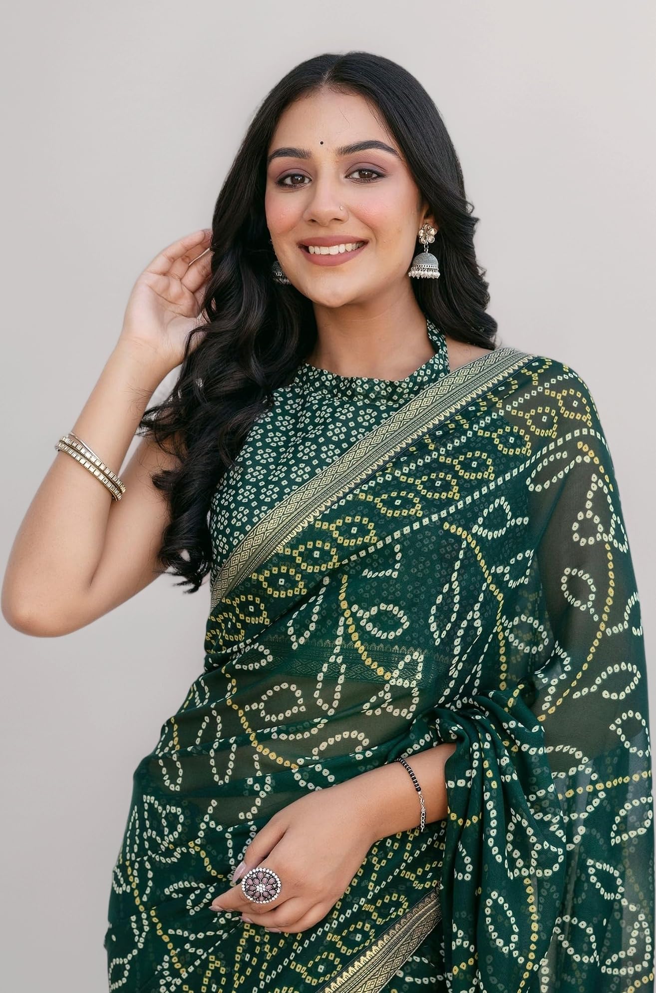 SIRIL Women's Georgette Bandhani Printed Saree With Unstitched Blouse Piece