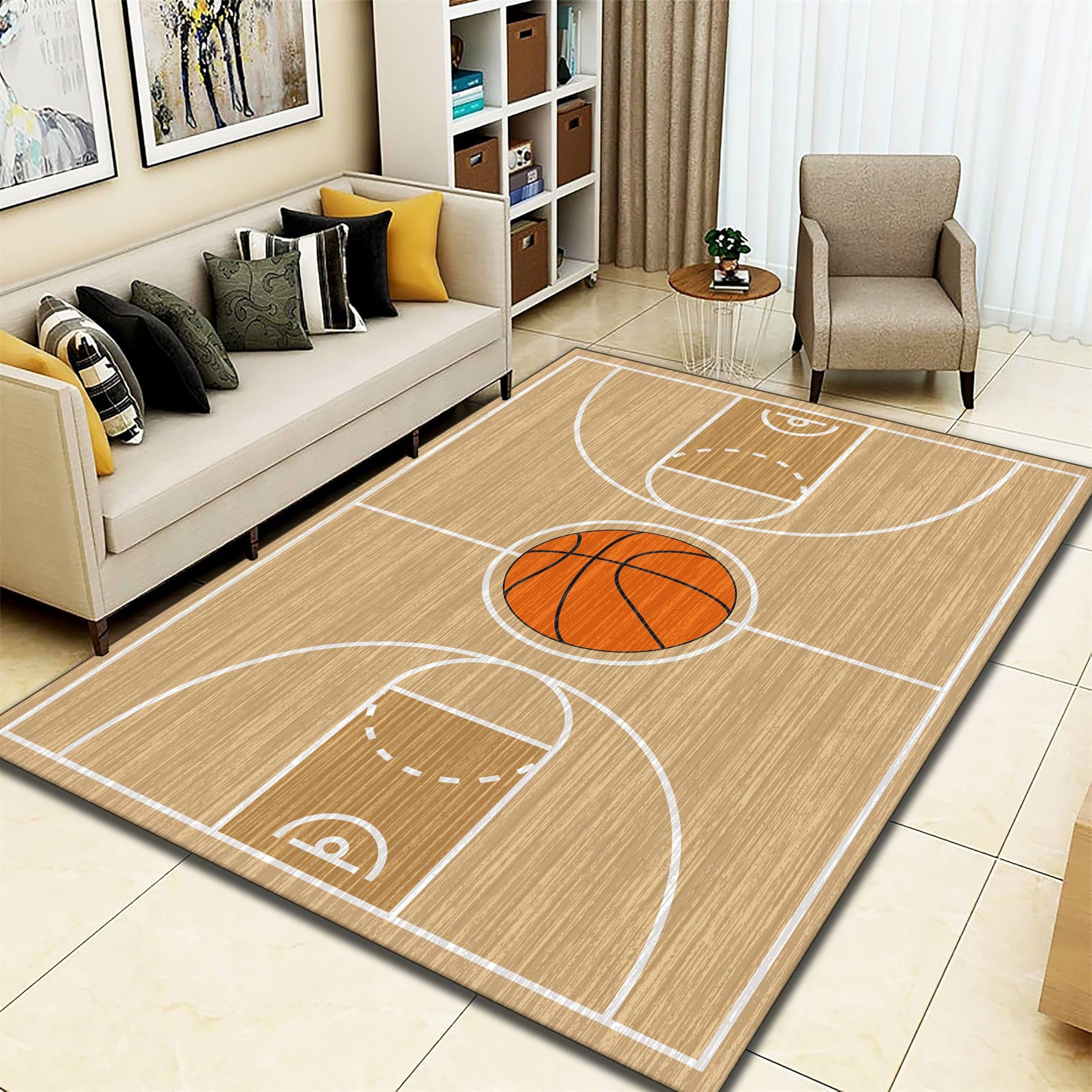 Sports Basketball Court Carpet Rug 3x5ft Light Brown Wood Grain Creative Design, Super Soft and Comfortable Indoor Floor Mats for Kids Play Area