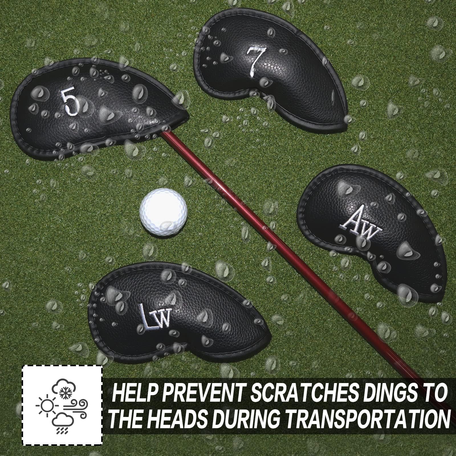 FINGER TEN Golf Headcover żelazne osłony na głowie ze sztucznej skóry, Iron Head Covers Value Set of 12 czerwonych, niebieskich czarnych dla mężczyzn i kobiet (czarne)