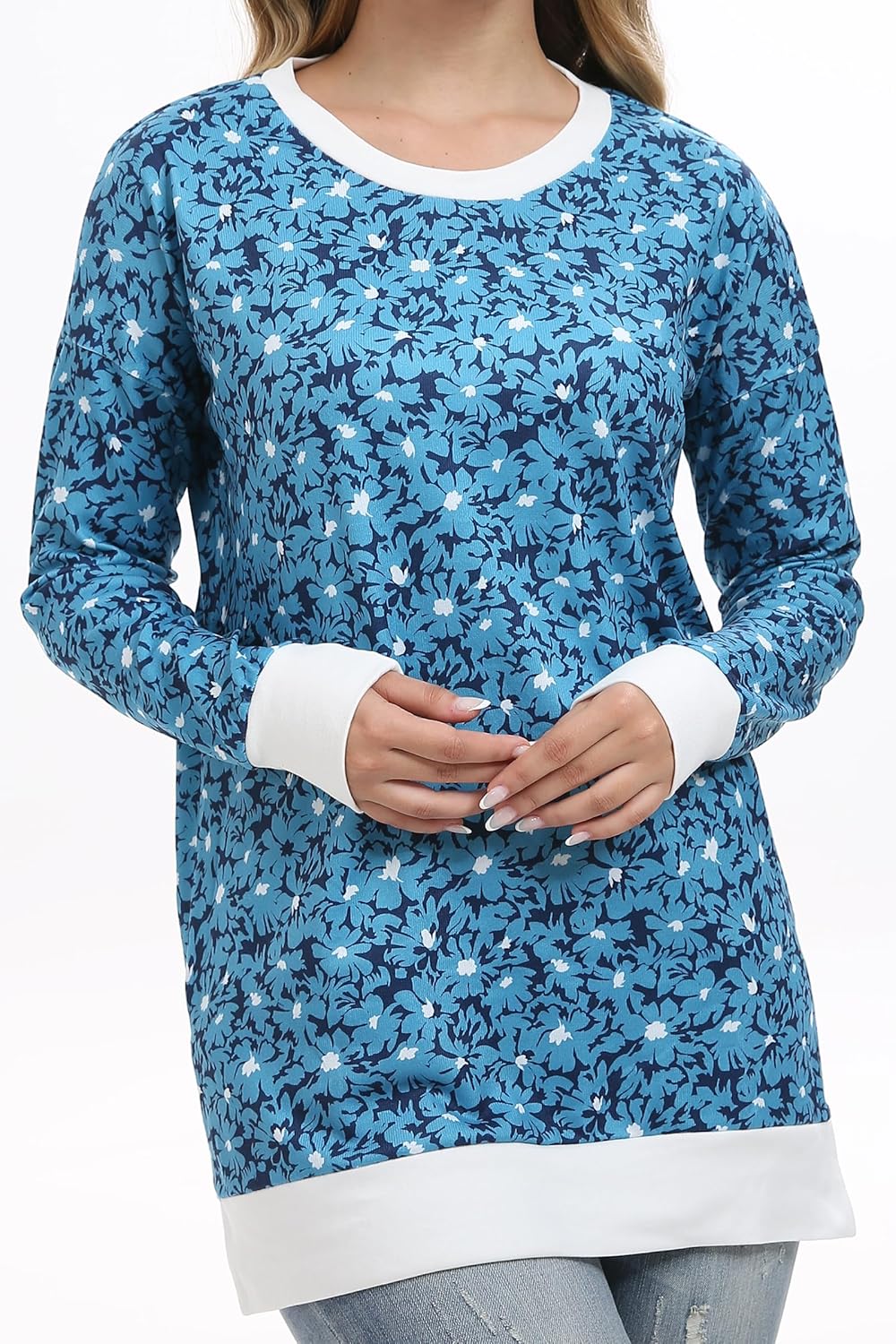 levaca Long Sleeve Shirts for Women 2024 Fall Tunic Tops Loose Side Split High Low Hem Pullover Floral Blue L - Image 2